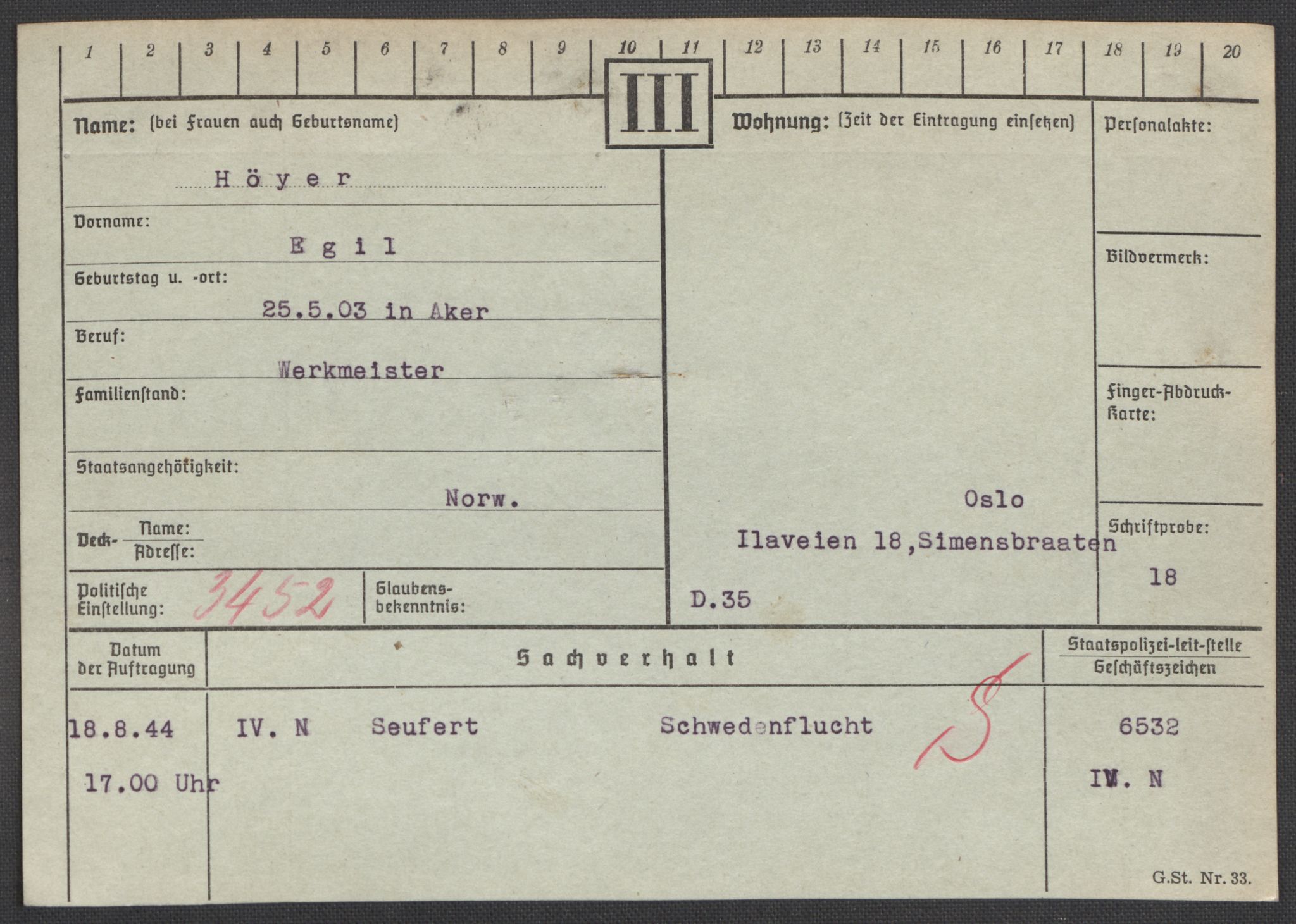 Befehlshaber der Sicherheitspolizei und des SD, AV/RA-RAFA-5969/E/Ea/Eaa/L0005: Register over norske fanger i Møllergata 19: Hø-Kj, 1940-1945, p. 74