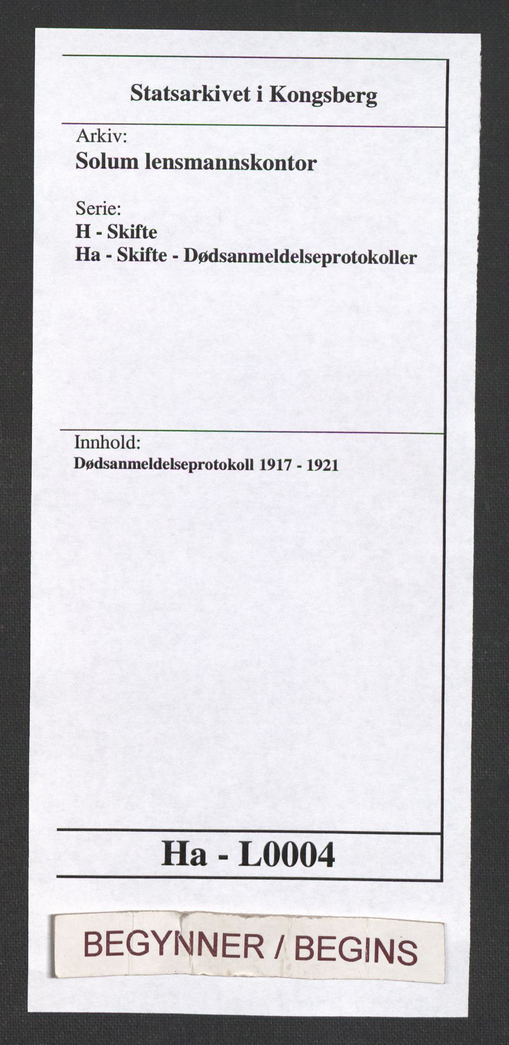 Solum lensmannskontor, SAKO/A-575/H/Ha/L0004: Dødsanmeldelsesprotokoll, 1917-1921