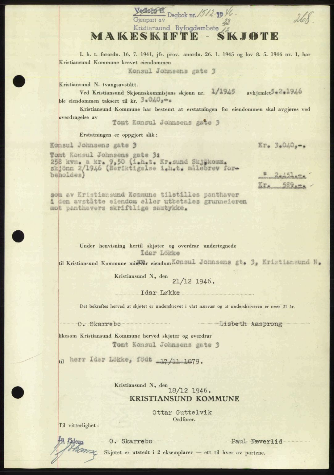 Kristiansund byfogd, AV/SAT-A-4587/A/27: Mortgage book no. 39b, 1946-1947, Diary no: : 1512/1946