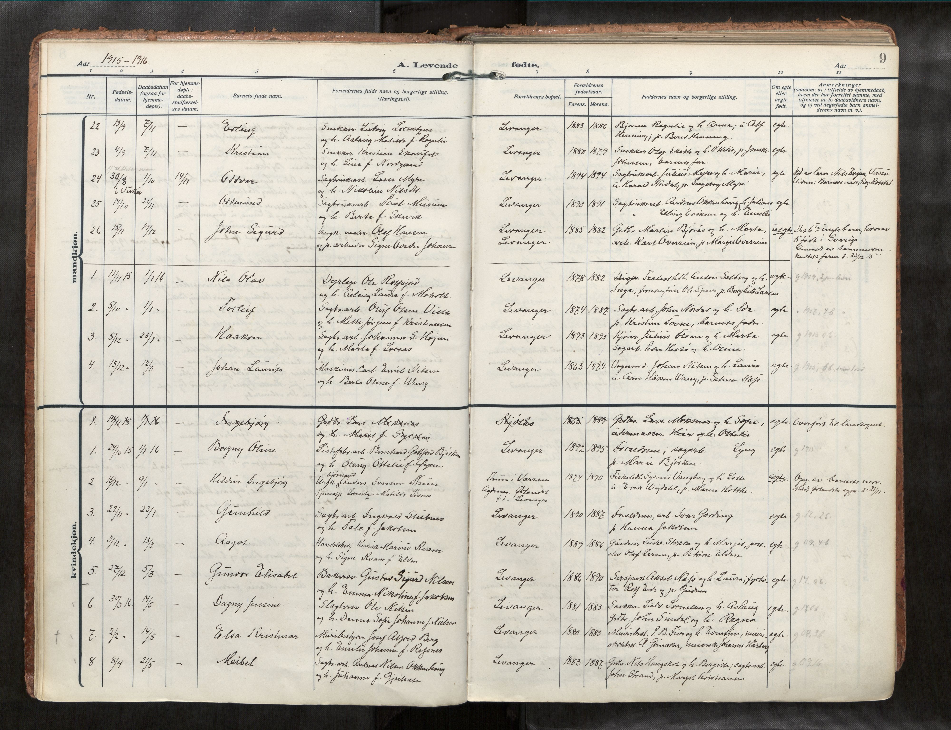 Levanger sokneprestkontor, SAT/A-1301/2/H/Haa/L0001: Parish register (official) no. 1, 1912-1932, p. 9