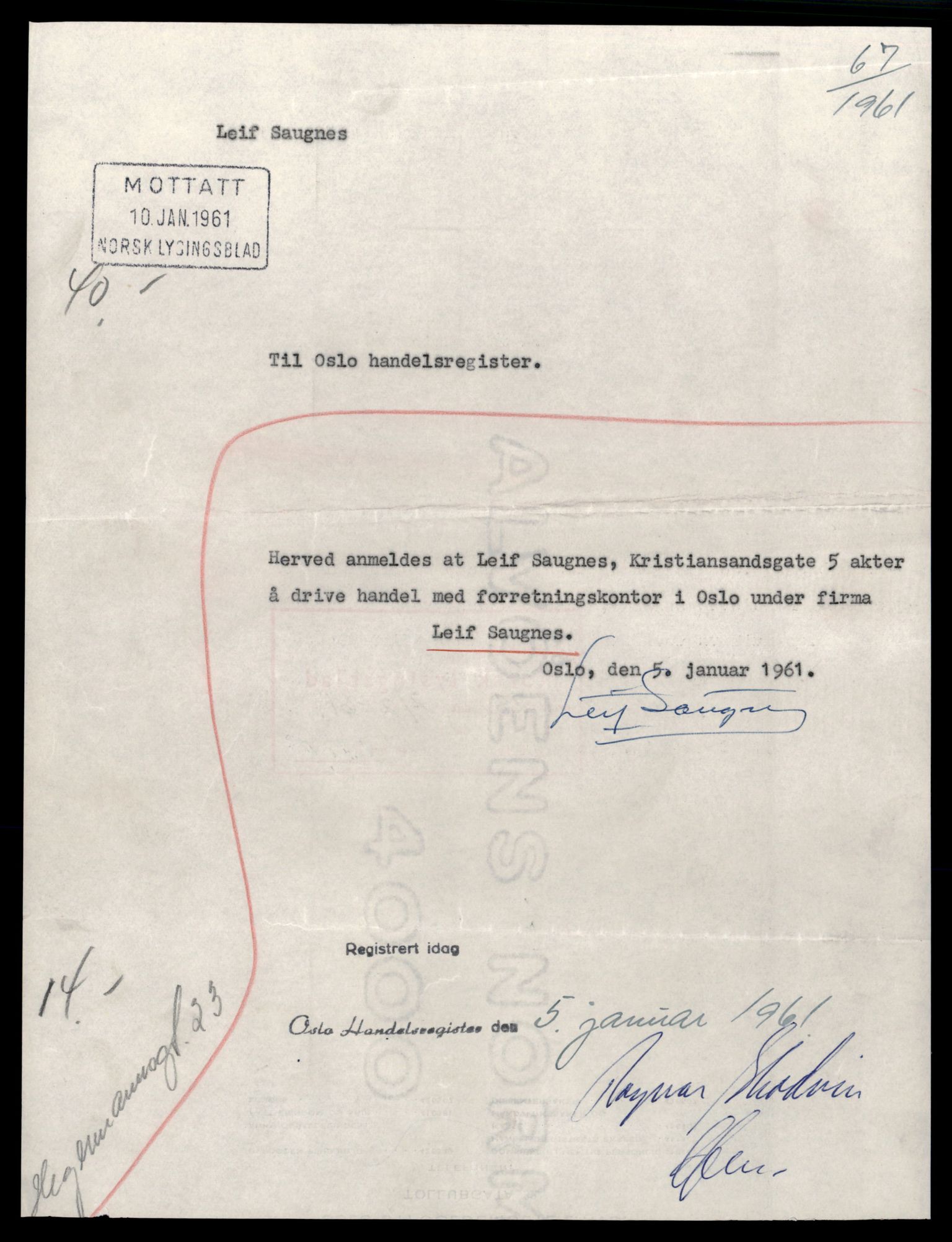 Oslo byfogd, Handelsregisteret, SAT/A-10867/G/Gc/Gca/L0469: Ikke konverterte foretak, Leif S-Lek, 1890-1990, p. 1