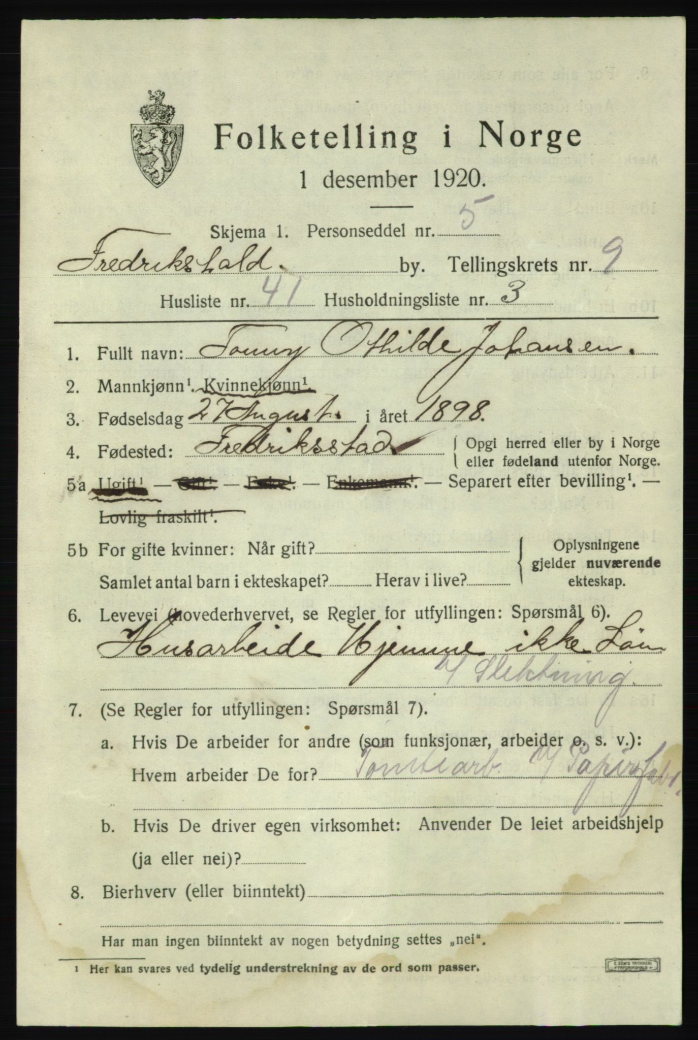 SAO, 1920 census for Fredrikshald, 1920, p. 16825