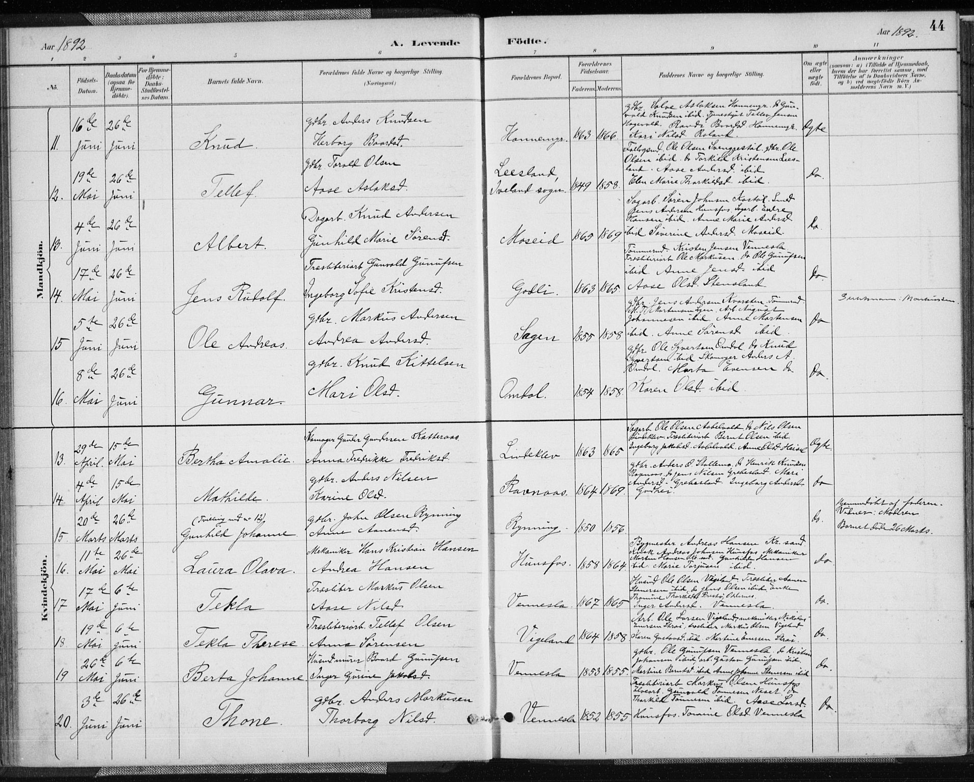 Vennesla sokneprestkontor, AV/SAK-1111-0045/Fa/Fab/L0004: Parish register (official) no. A 4, 1884-1896, p. 44