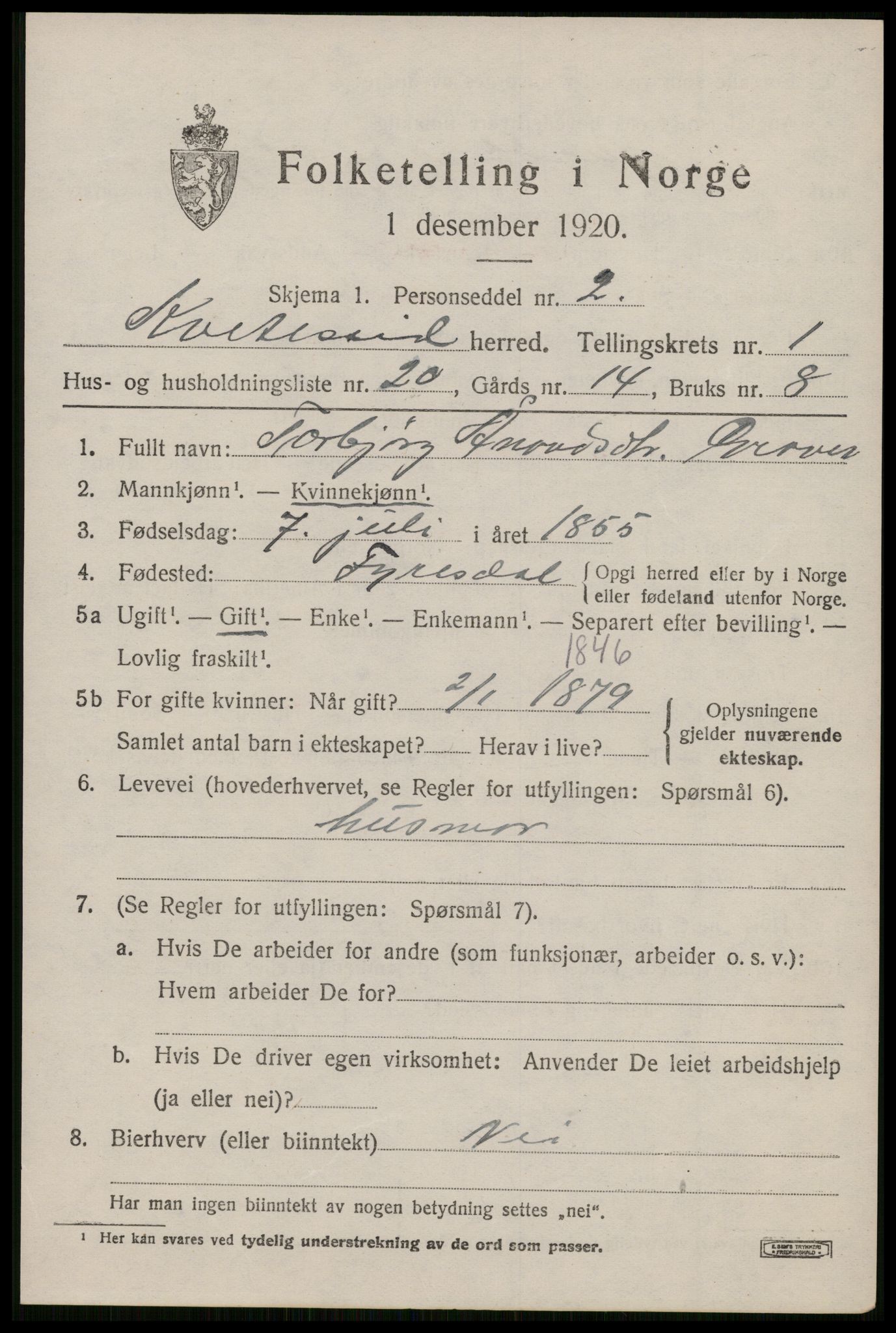 SAKO, 1920 census for Kviteseid, 1920, p. 1637