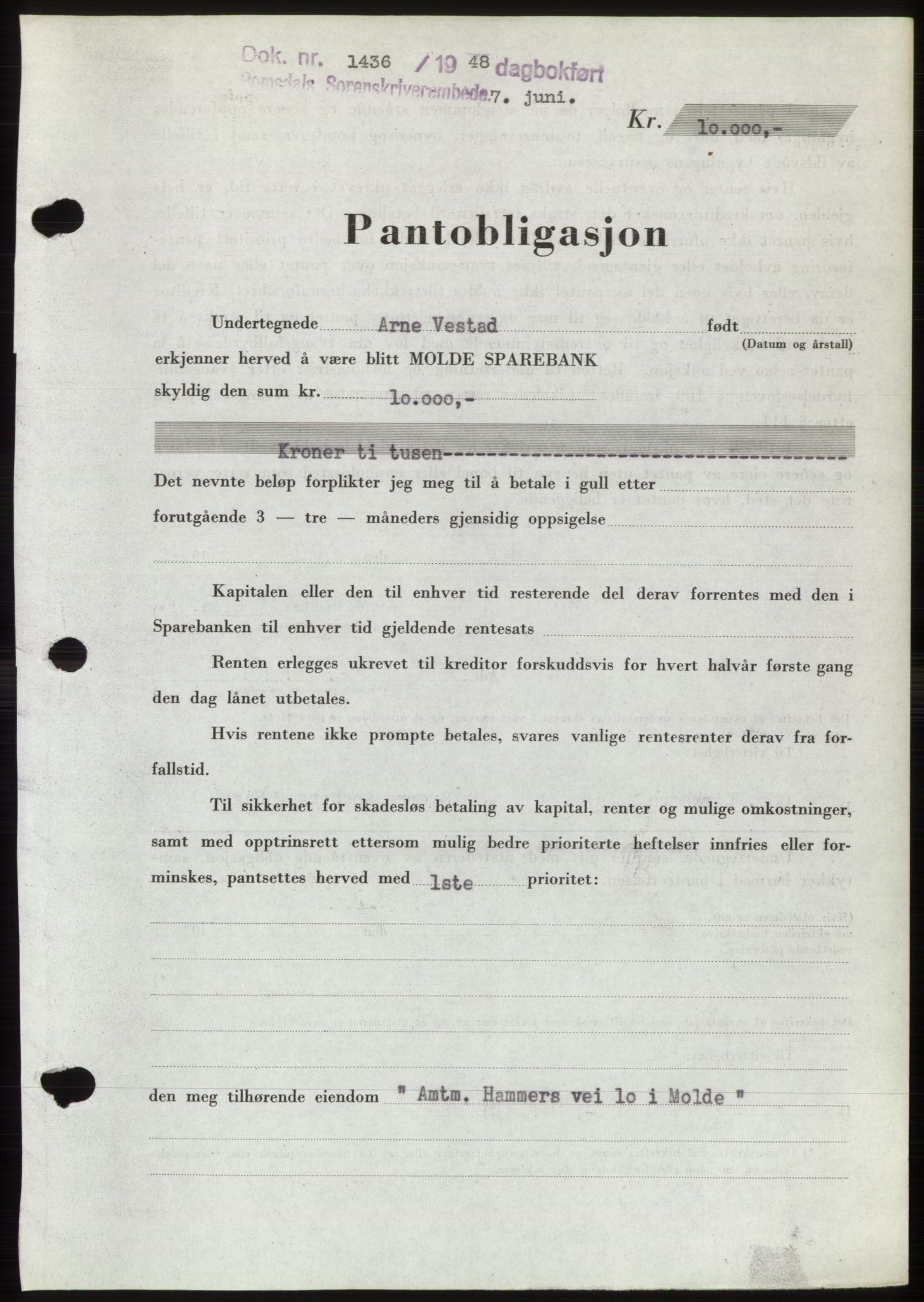 Romsdal sorenskriveri, AV/SAT-A-4149/1/2/2C: Mortgage book no. B4, 1948-1949, Diary no: : 1436/1948