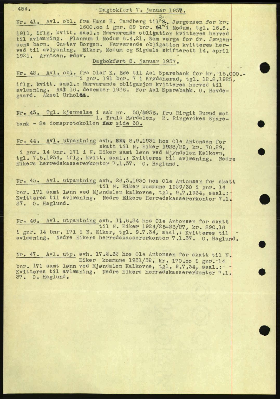 Eiker, Modum og Sigdal sorenskriveri, SAKO/A-123/G/Ga/Gab/L0034: Mortgage book no. A4, 1936-1937, Diary no: : 41/1937