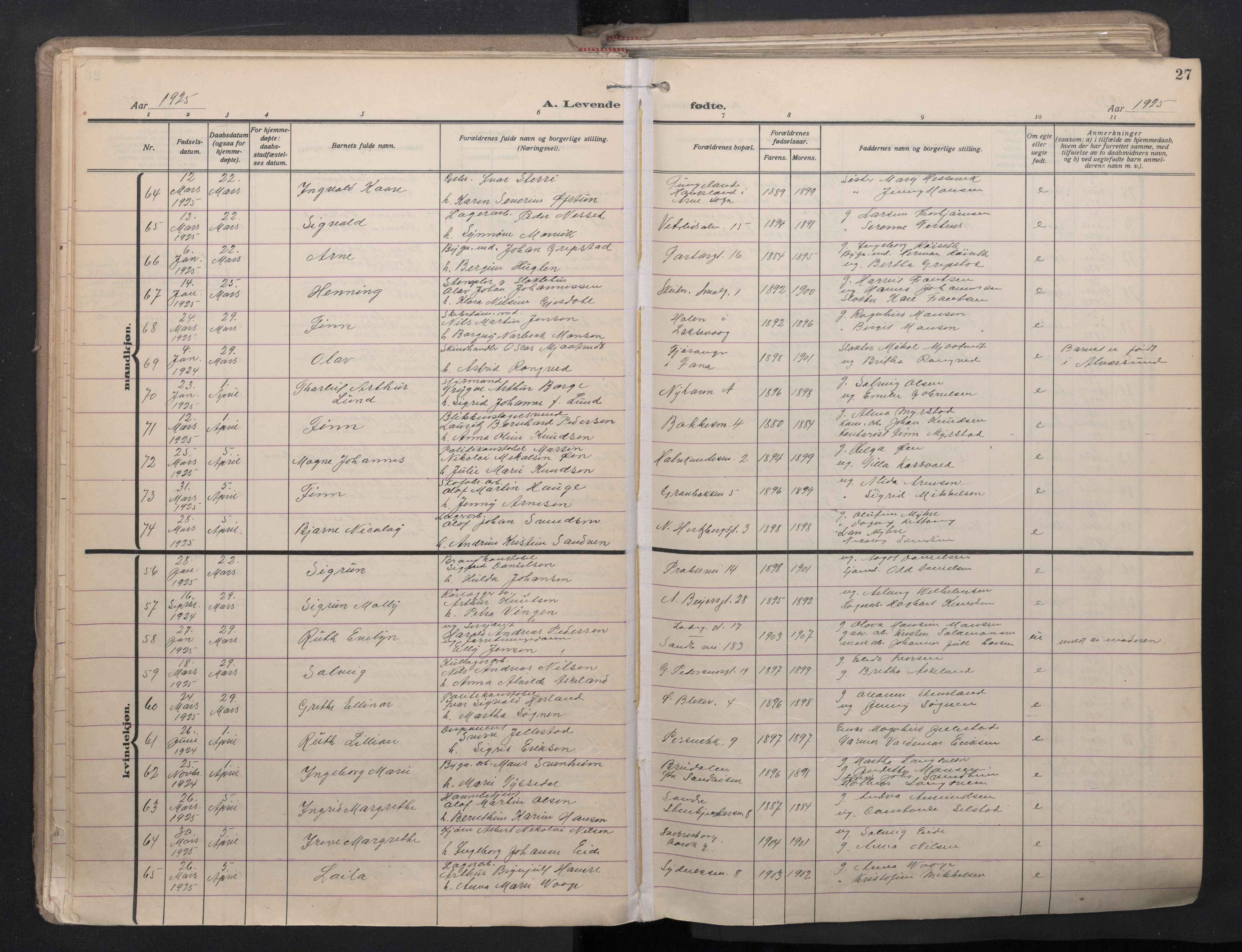 Sandviken Sokneprestembete, SAB/A-77601/H/Ha/L0008: Parish register (official) no. B 5, 1924-1944, p. 27