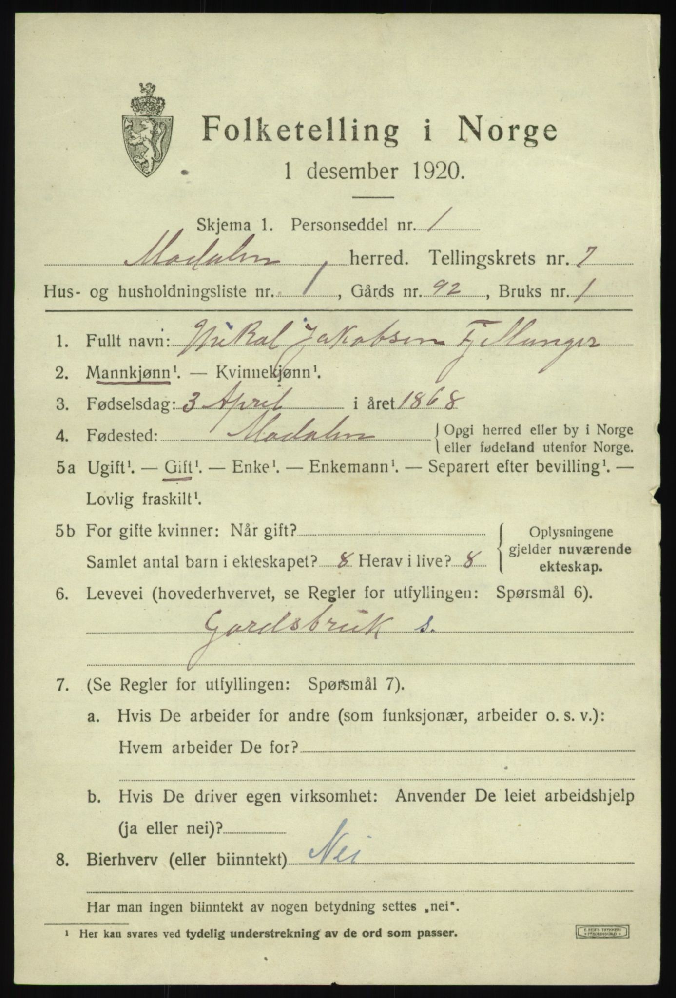 SAB, 1920 census for Modalen, 1920, p. 1380