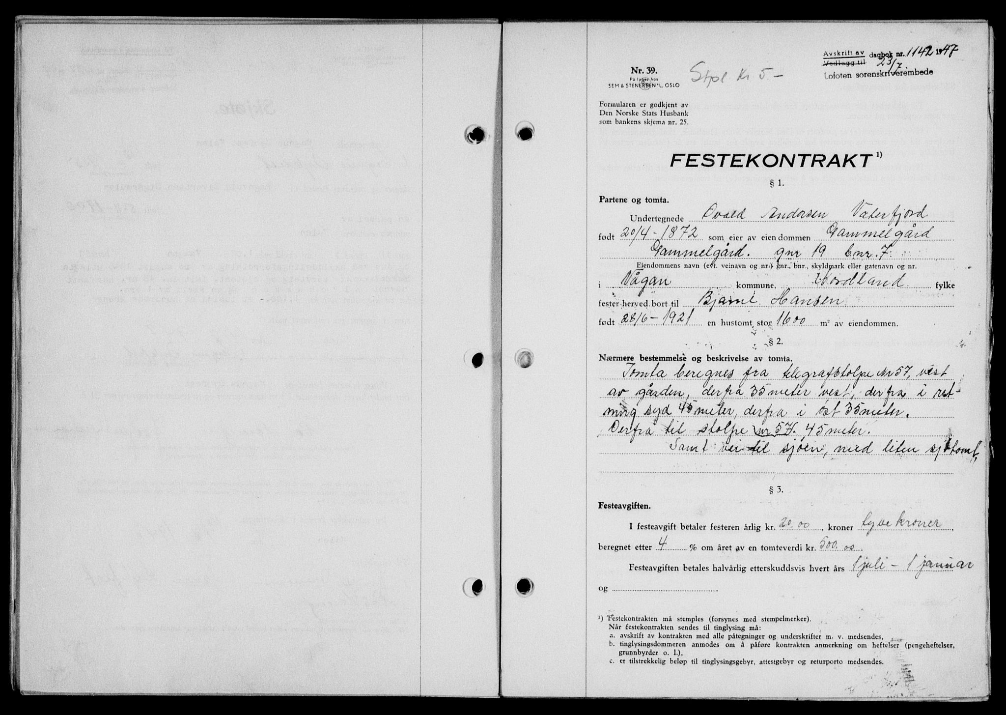 Lofoten sorenskriveri, SAT/A-0017/1/2/2C/L0016a: Mortgage book no. 16a, 1947-1947, Diary no: : 1142/1947