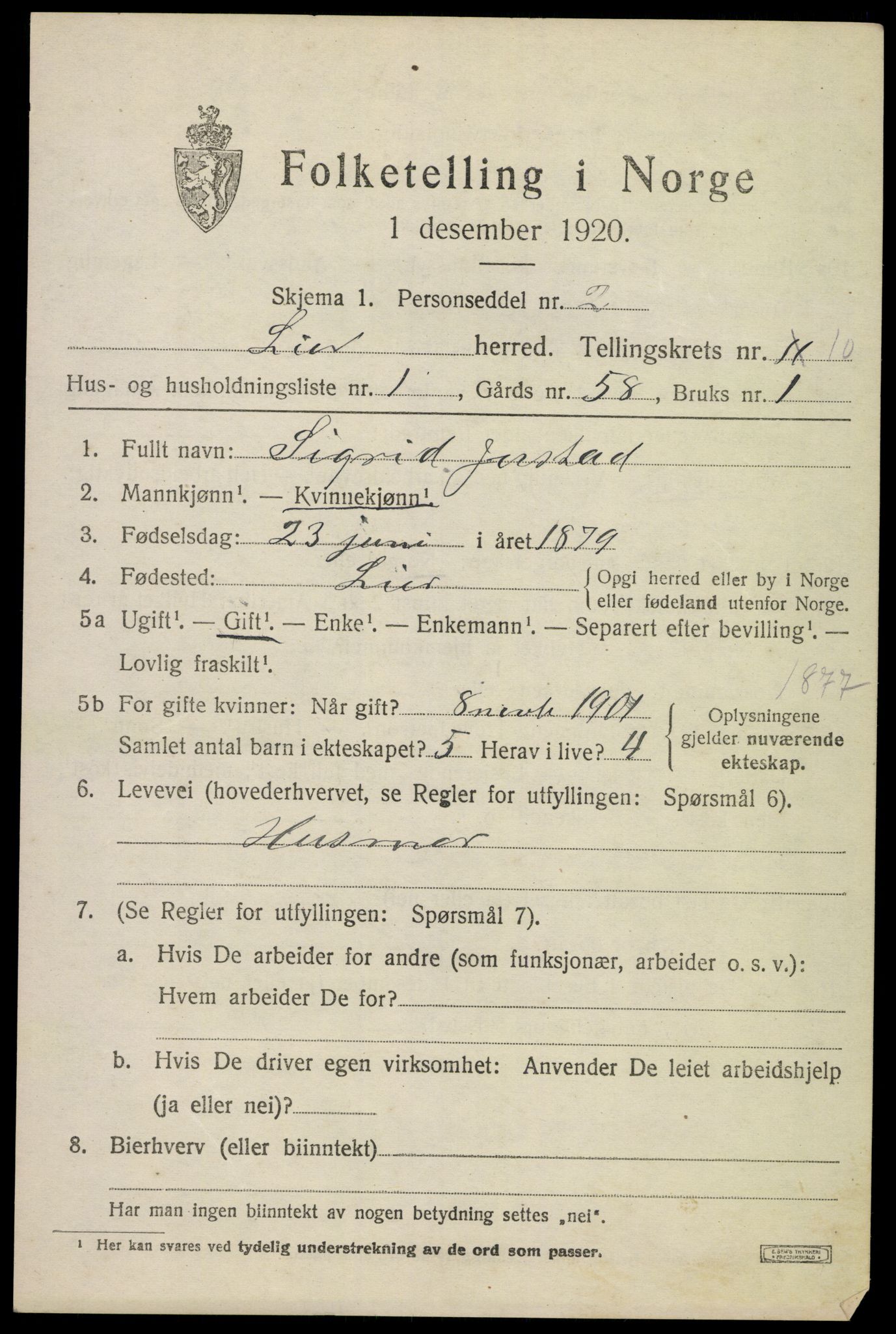 SAKO, 1920 census for Lier, 1920, p. 16150