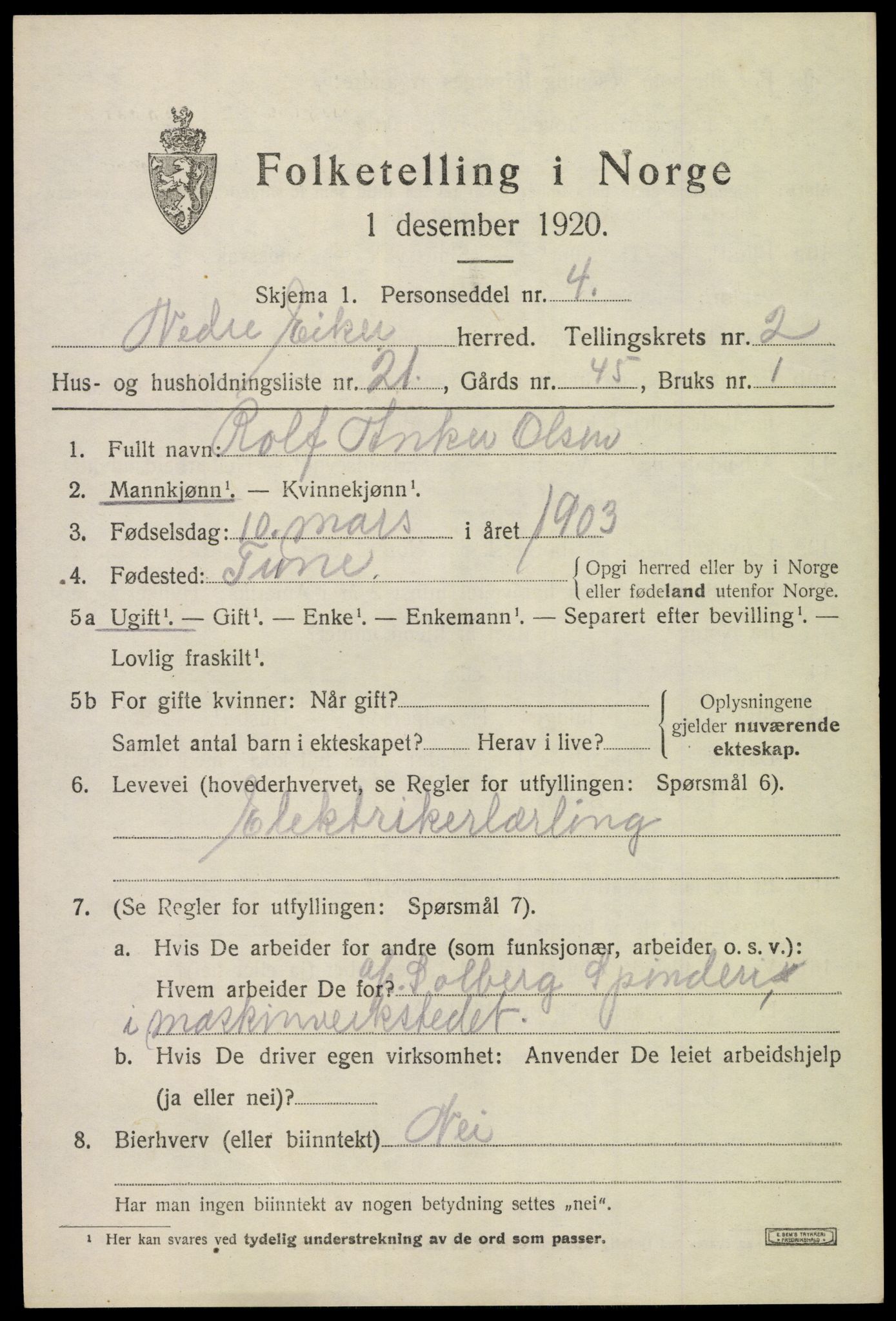 SAKO, 1920 census for Nedre Eiker, 1920, p. 3857