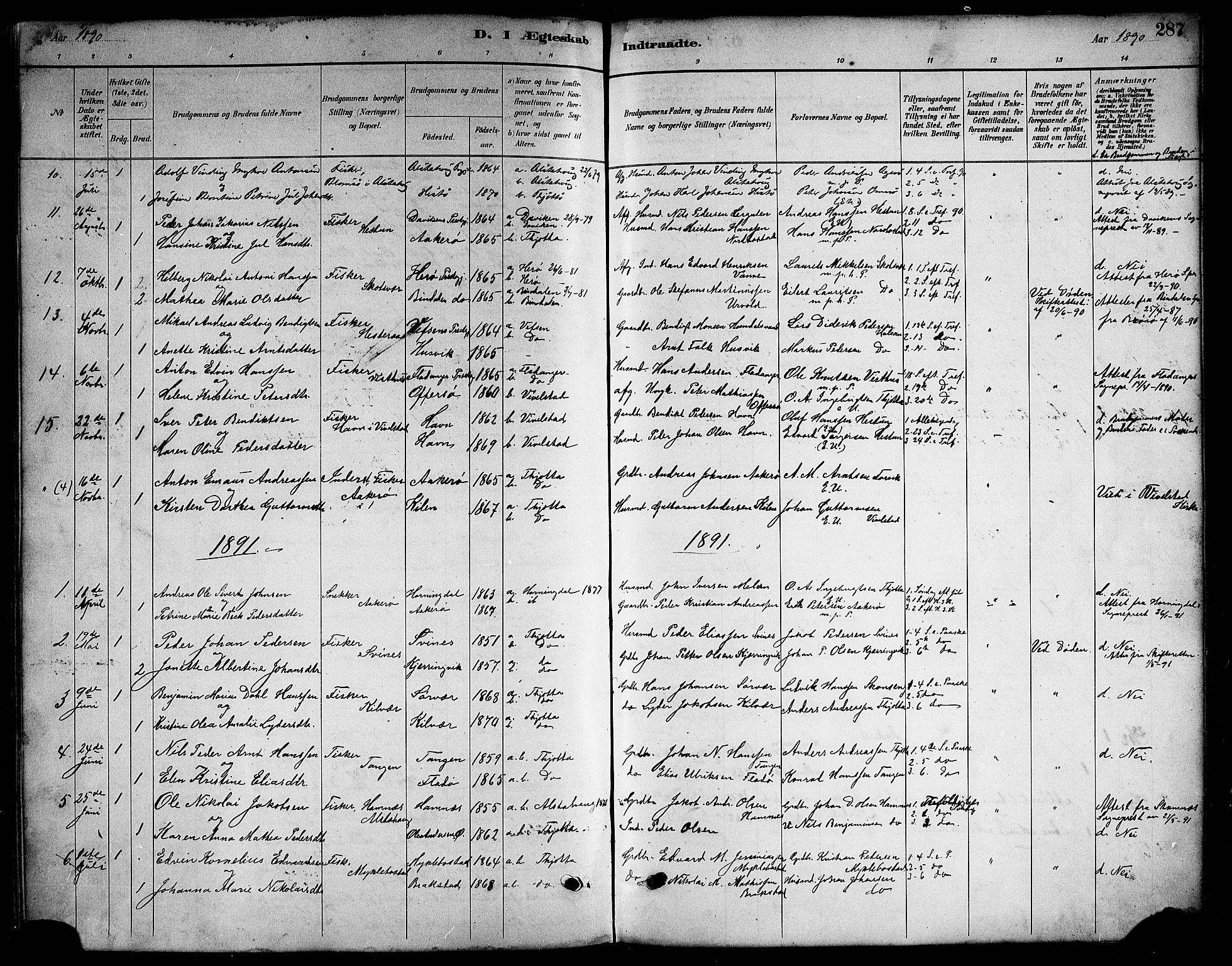 Ministerialprotokoller, klokkerbøker og fødselsregistre - Nordland, AV/SAT-A-1459/817/L0268: Parish register (copy) no. 817C03, 1884-1920, p. 287