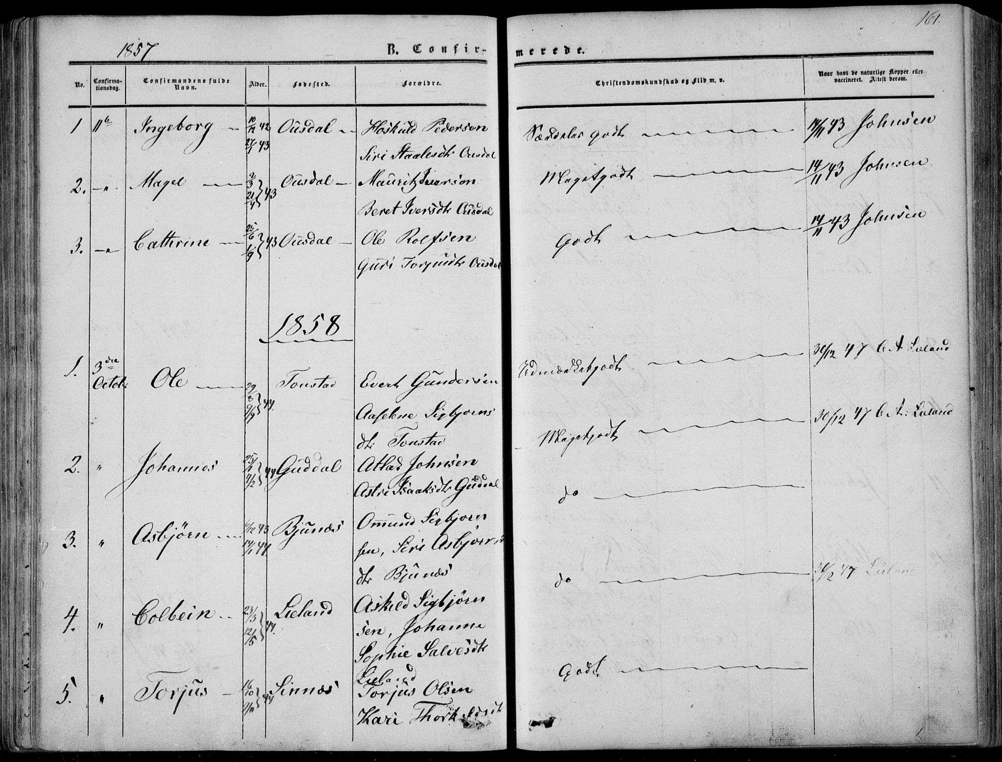 Sirdal sokneprestkontor, AV/SAK-1111-0036/F/Fa/Fab/L0002: Parish register (official) no. A 2, 1855-1874, p. 161