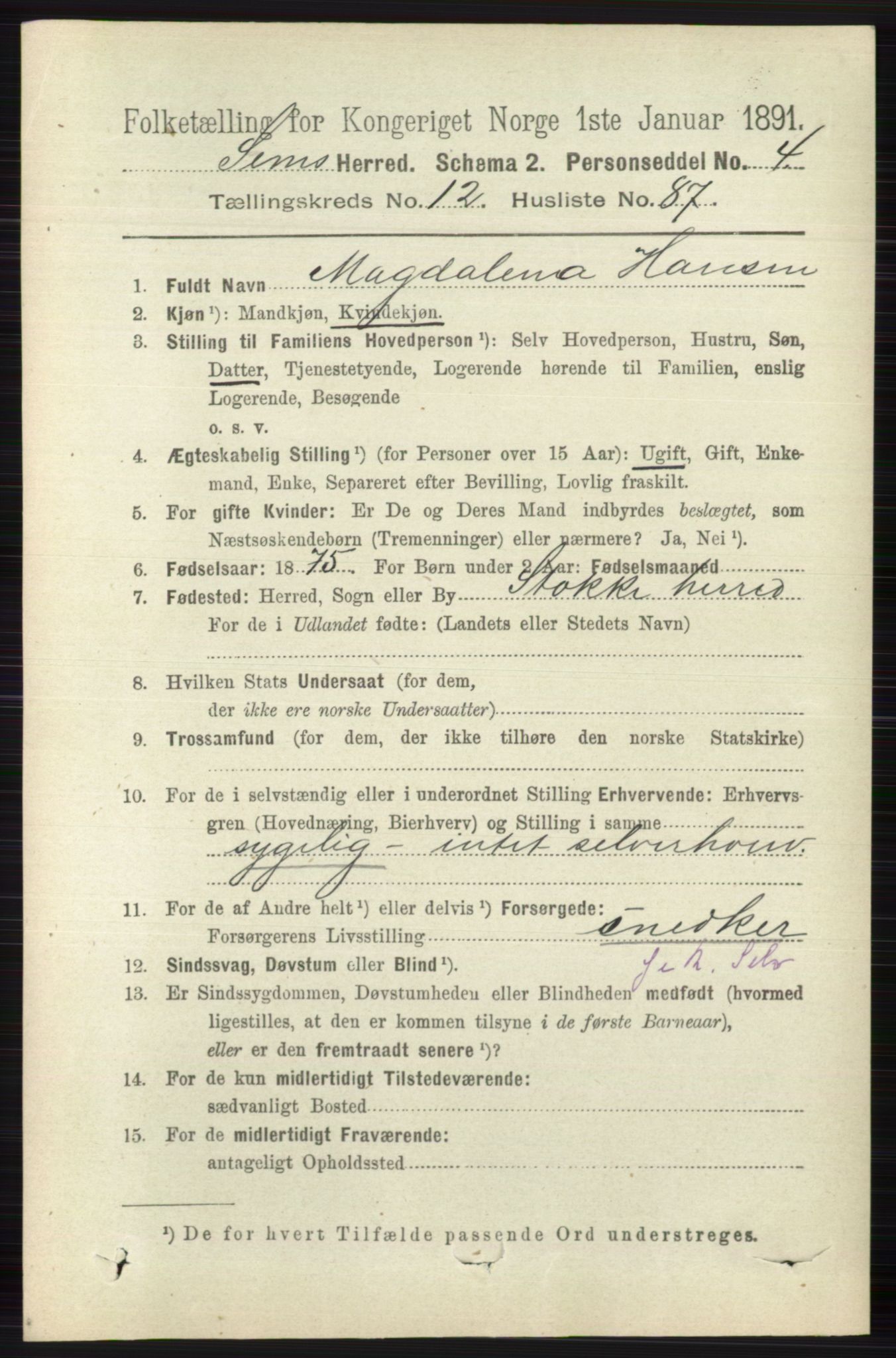 RA, 1891 census for 0721 Sem, 1891, p. 6308