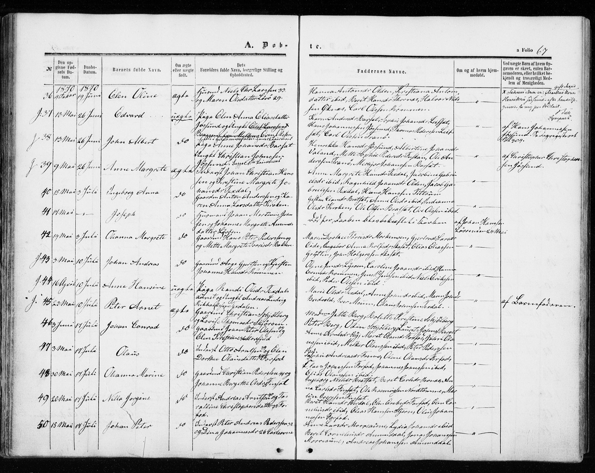 Ministerialprotokoller, klokkerbøker og fødselsregistre - Sør-Trøndelag, SAT/A-1456/655/L0678: Parish register (official) no. 655A07, 1861-1873, p. 67
