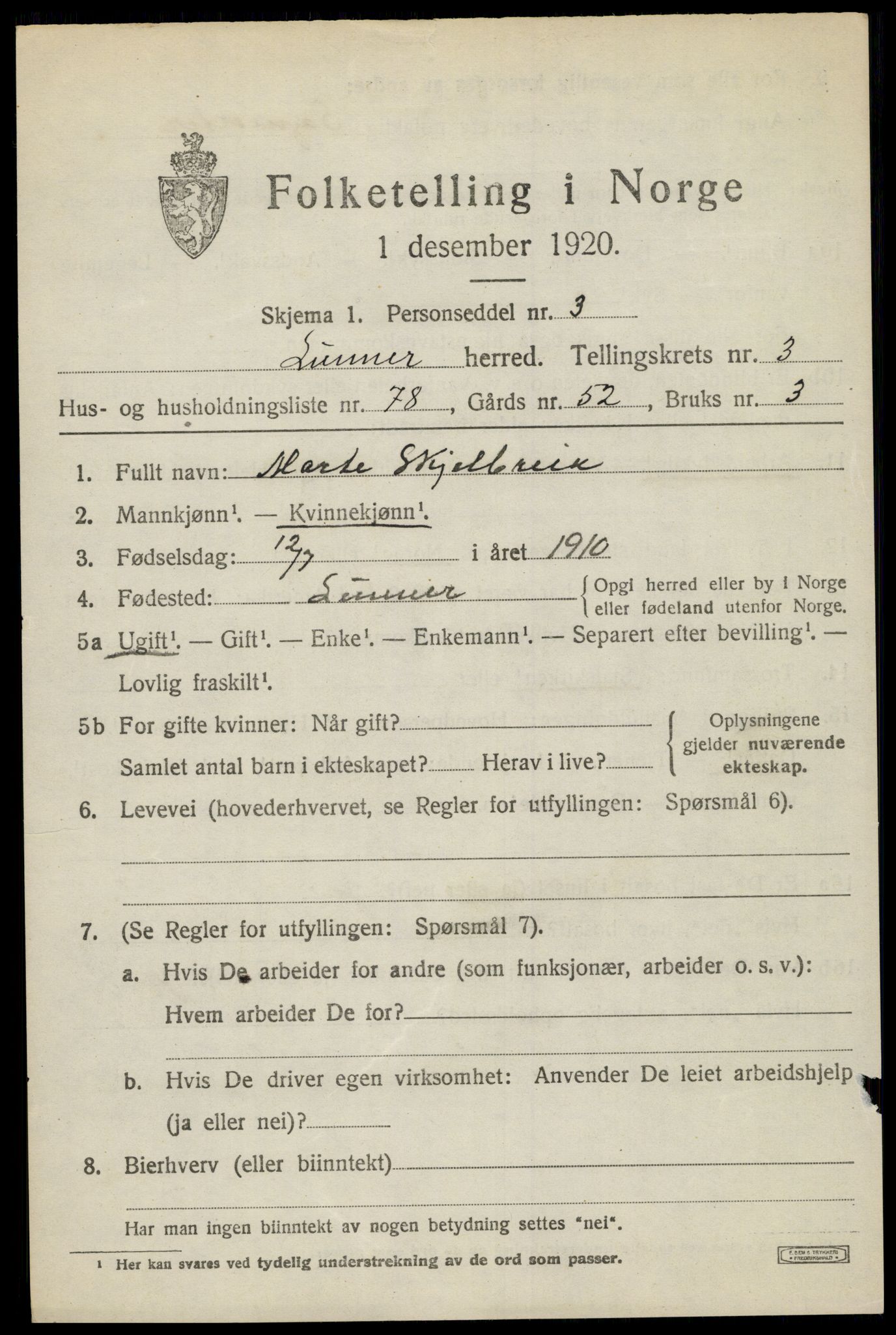 SAH, 1920 census for Lunner, 1920, p. 5357