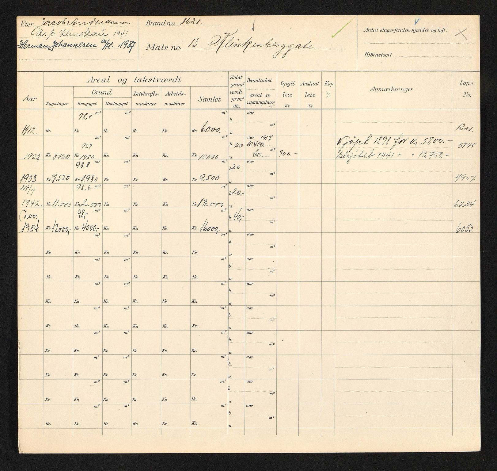 Stavanger kommune. Skattetakstvesenet, BYST/A-0440/F/Fa/Faa/L0025/0003: Skattetakstkort / Klinkenberggata 8 - 60