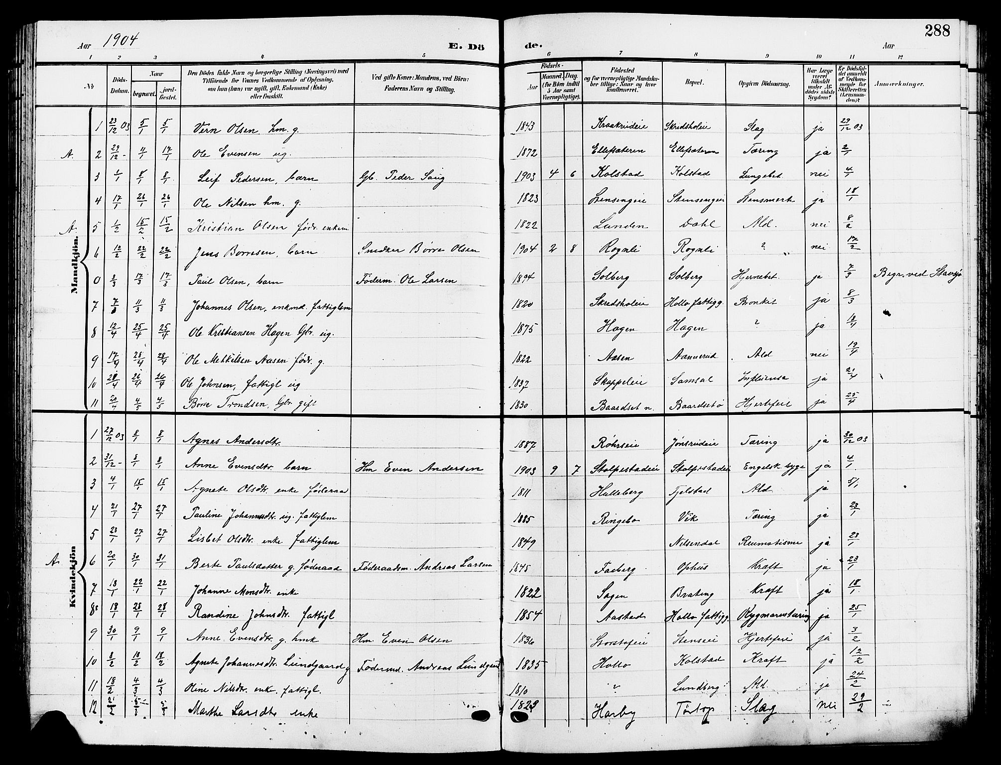 Ringsaker prestekontor, SAH/PREST-014/L/La/L0015: Parish register (copy) no. 15, 1903-1912, p. 288