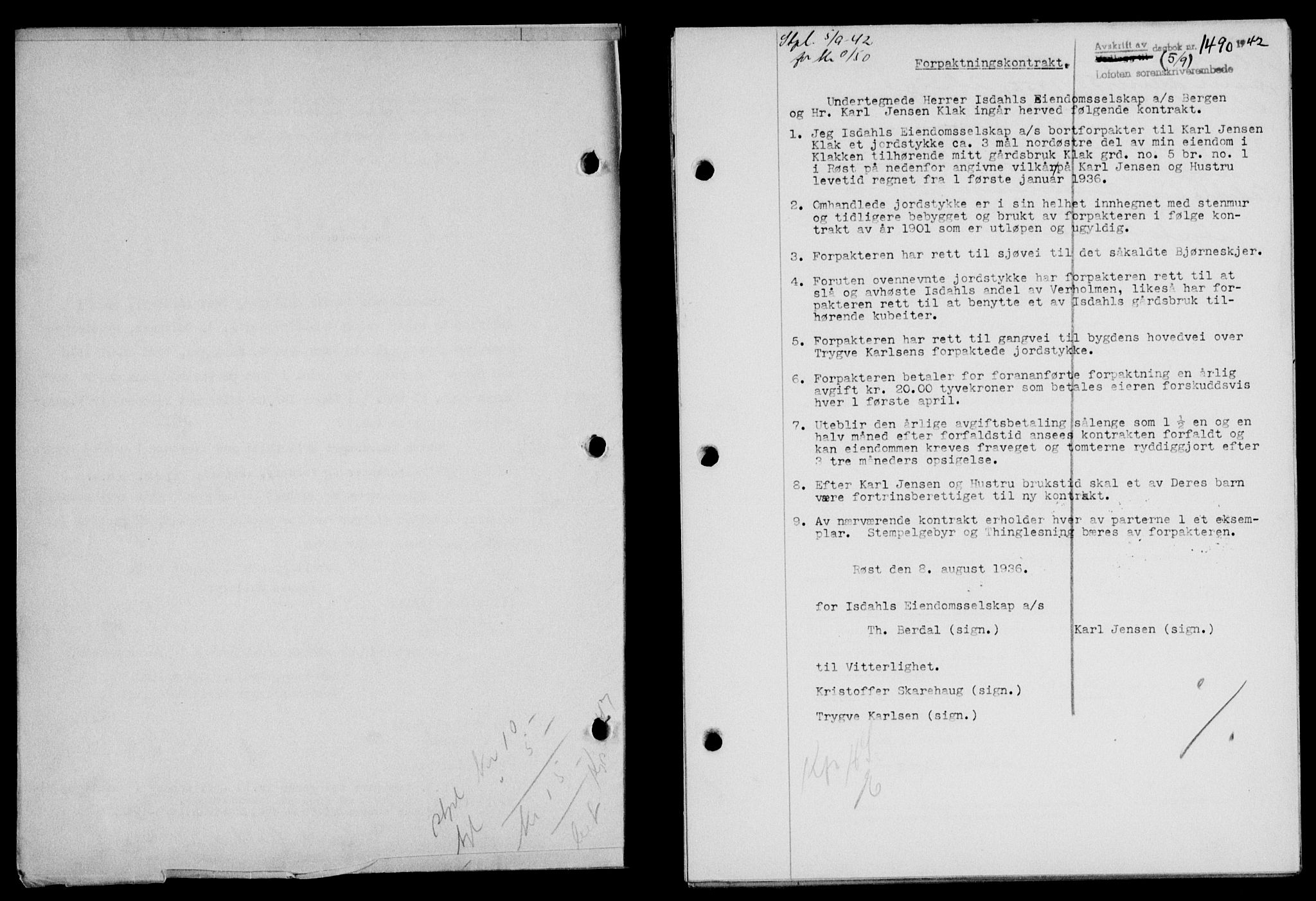 Lofoten sorenskriveri, SAT/A-0017/1/2/2C/L0010a: Mortgage book no. 10a, 1942-1943, Diary no: : 1490/1942