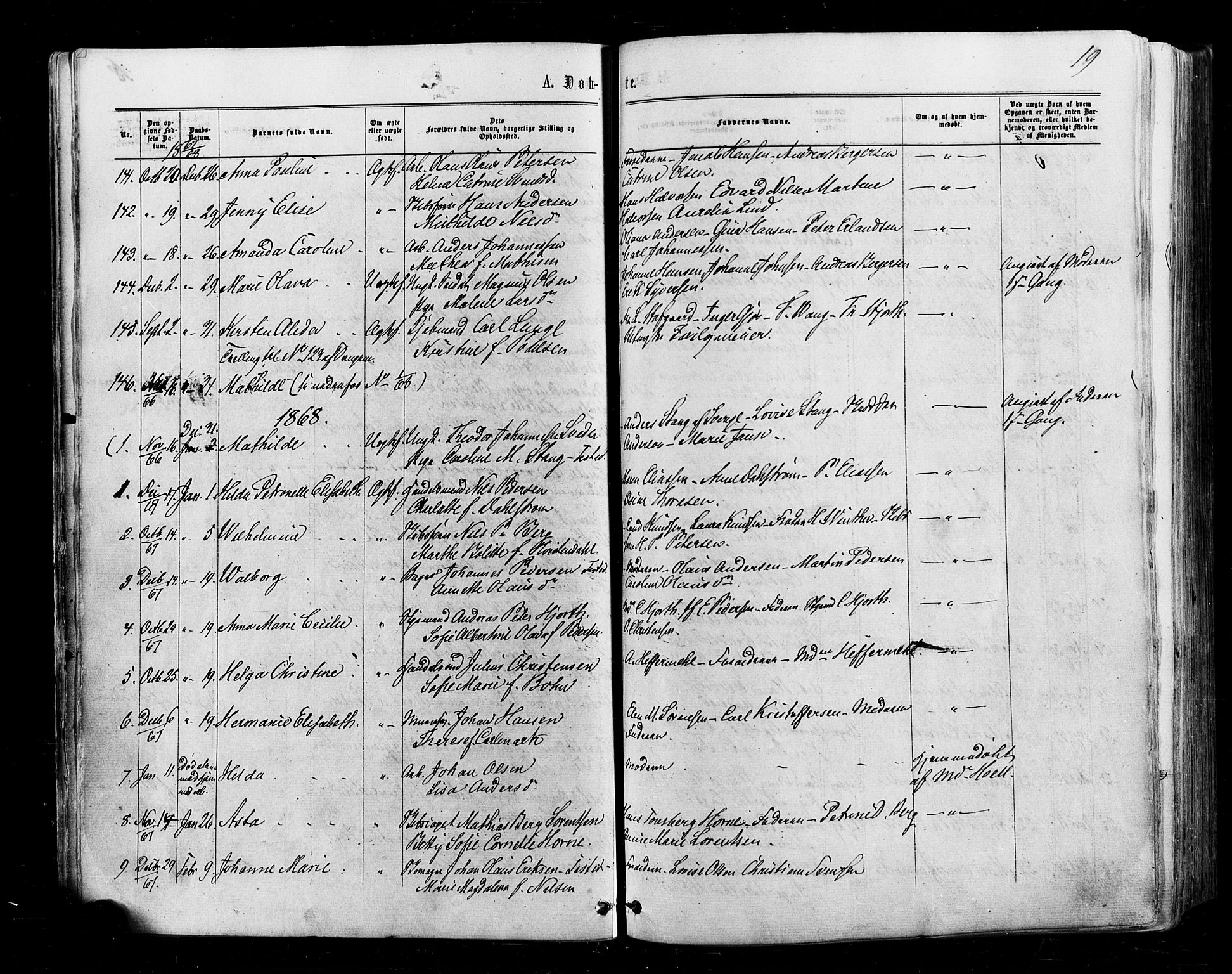 Halden prestekontor Kirkebøker, SAO/A-10909/F/Fa/L0009: Parish register (official) no. I 9, 1866-1877, p. 19