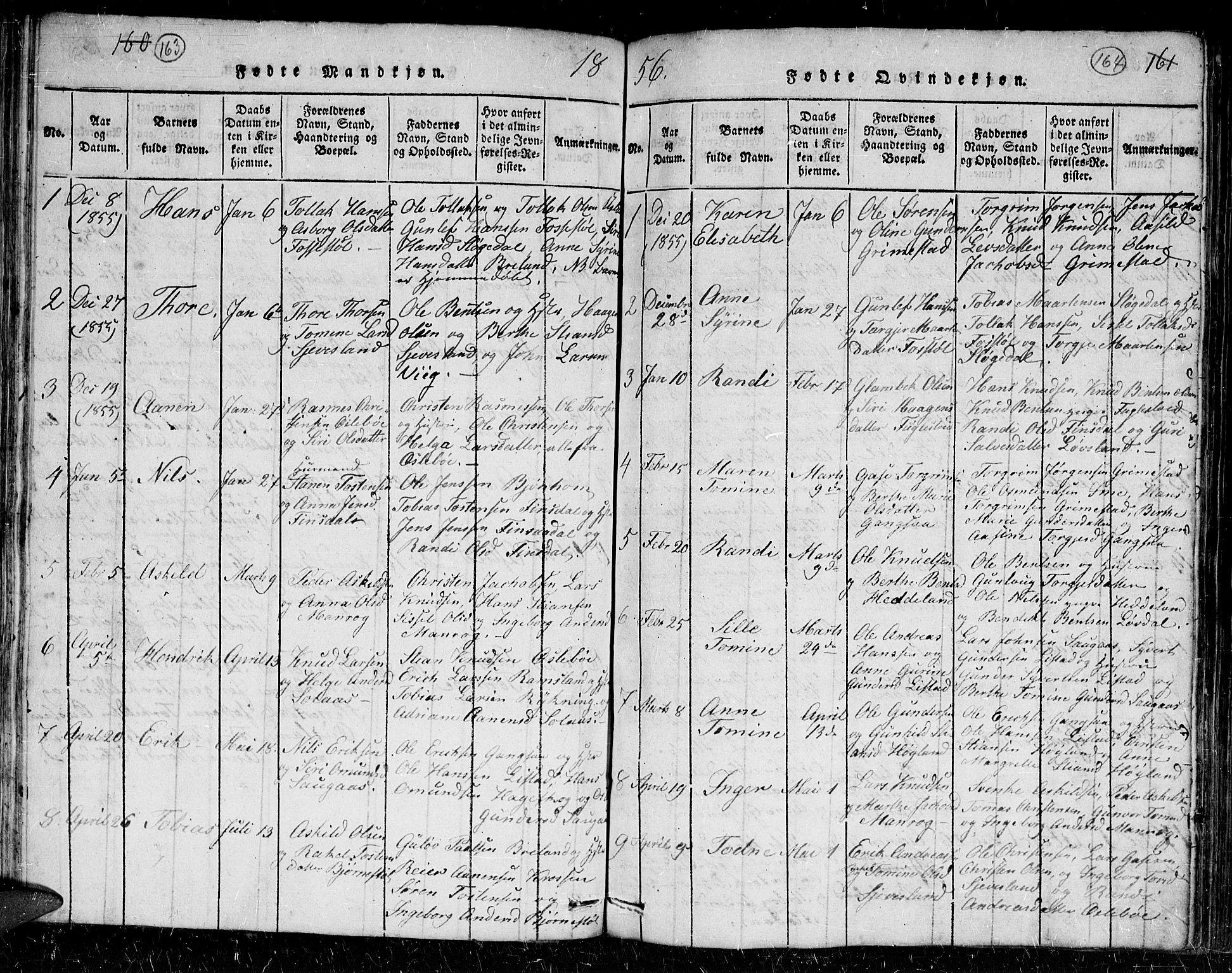 Holum sokneprestkontor, AV/SAK-1111-0022/F/Fb/Fbc/L0001: Parish register (copy) no. B 1, 1820-1859, p. 163-164