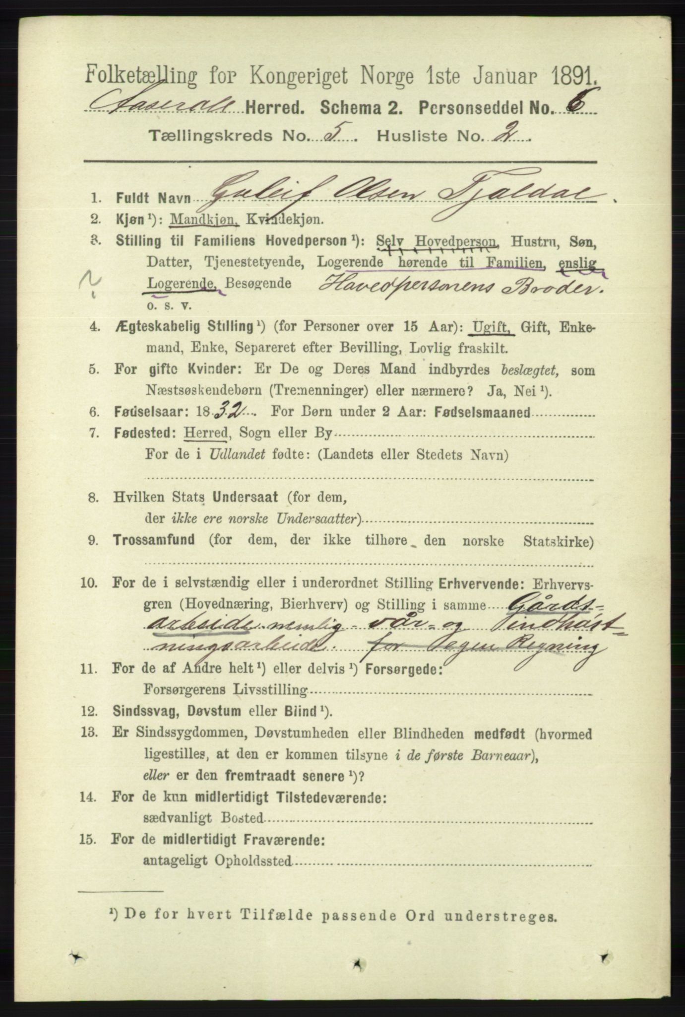 RA, 1891 census for 1026 Åseral, 1891, p. 1461