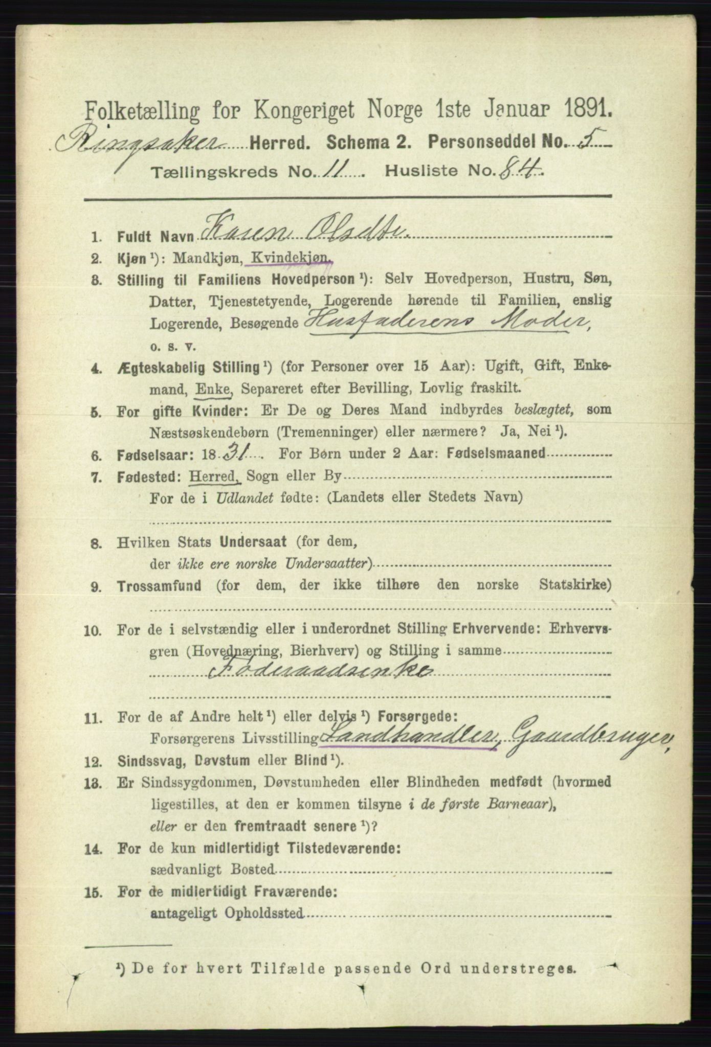 RA, 1891 census for 0412 Ringsaker, 1891, p. 6682