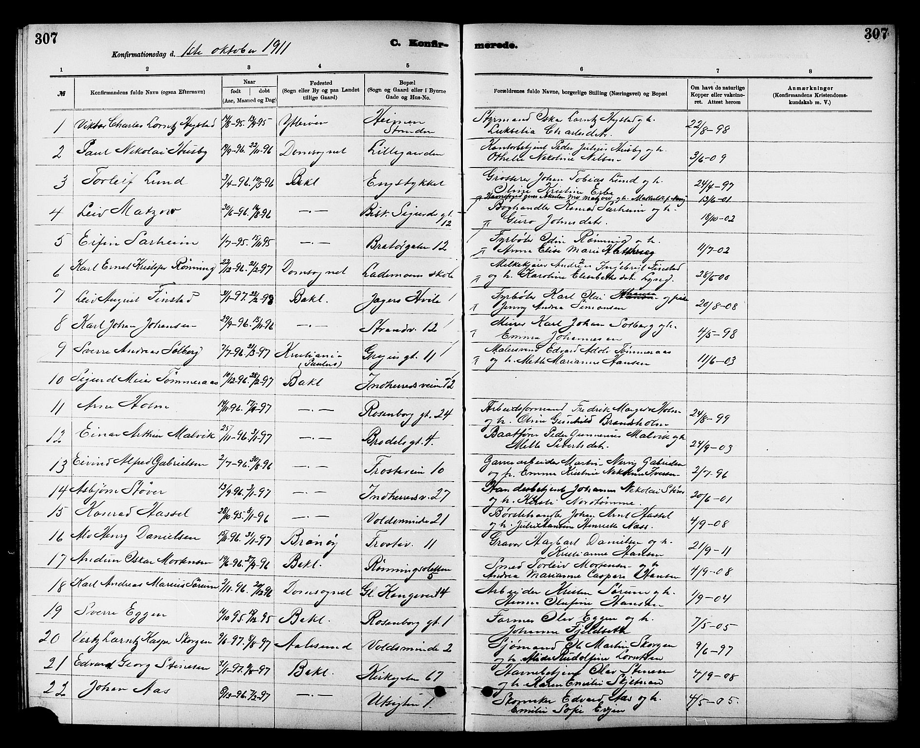 Ministerialprotokoller, klokkerbøker og fødselsregistre - Sør-Trøndelag, AV/SAT-A-1456/605/L0254: Parish register (copy) no. 605C01, 1908-1916, p. 307