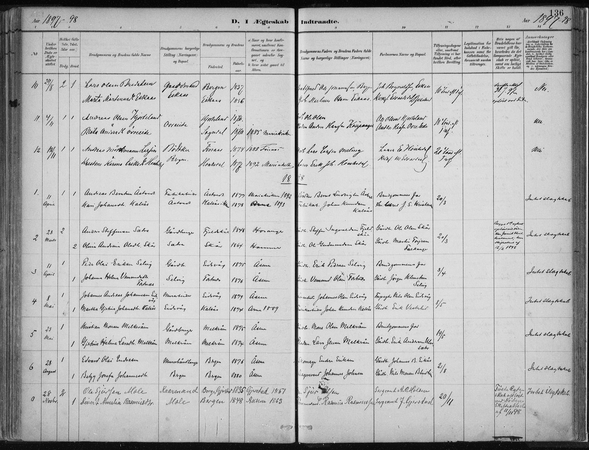 Hamre sokneprestembete, SAB/A-75501/H/Ha/Haa/Haad/L0001: Parish register (official) no. D  1, 1882-1906, p. 136