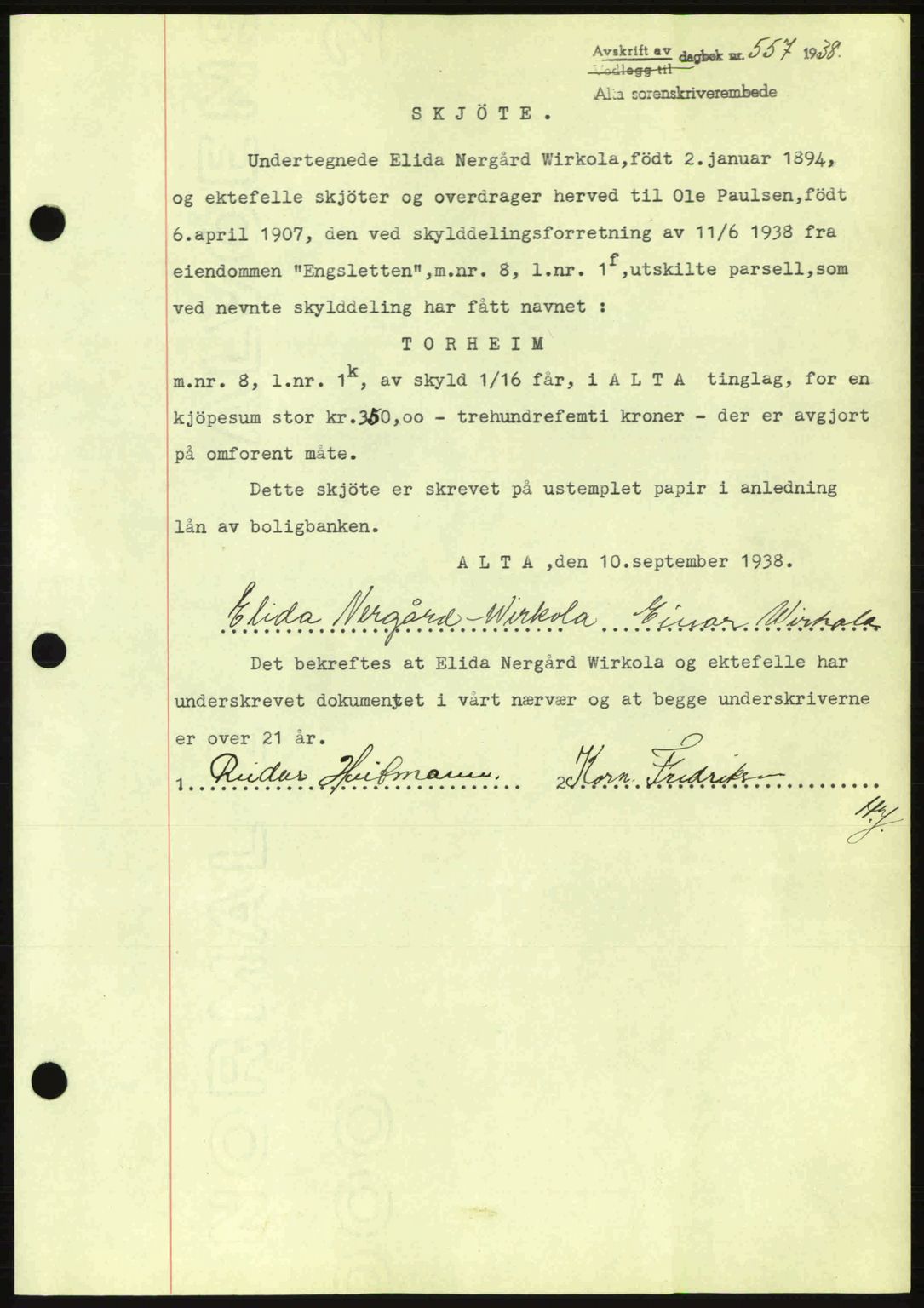 Alta fogderi/sorenskriveri, SATØ/SATØ-5/1/K/Kd/L0031pantebok: Mortgage book no. 31, 1938-1939, Diary no: : 557/1938