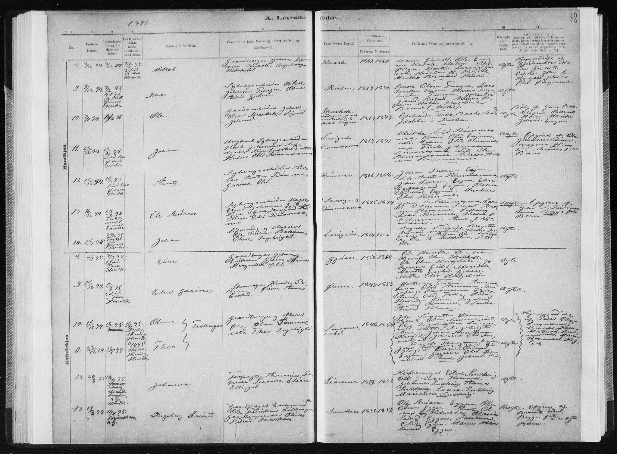 Ministerialprotokoller, klokkerbøker og fødselsregistre - Sør-Trøndelag, SAT/A-1456/668/L0818: Parish register (copy) no. 668C07, 1885-1898, p. 92