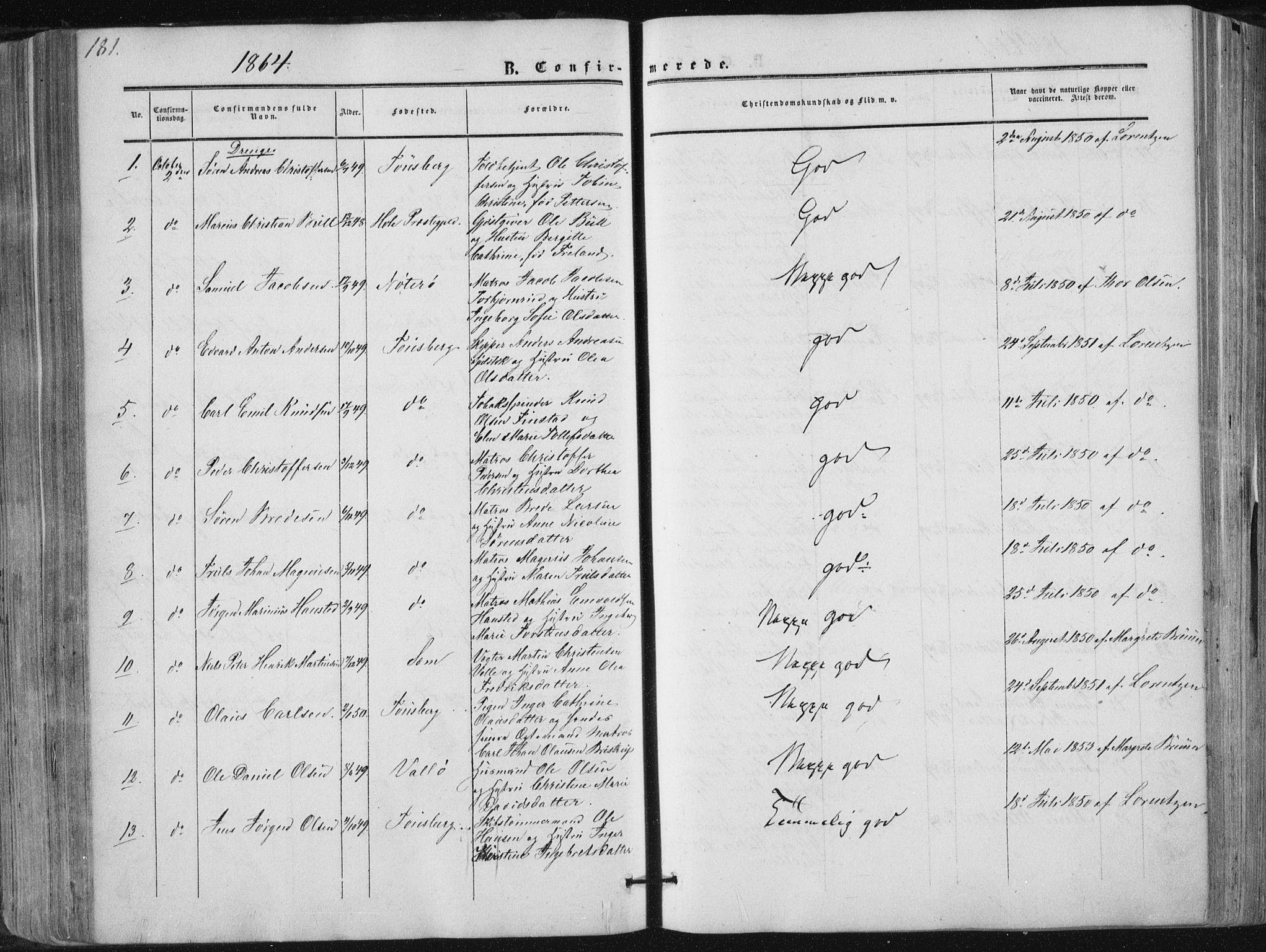 Tønsberg kirkebøker, AV/SAKO-A-330/F/Fa/L0008: Parish register (official) no. I 8, 1855-1864, p. 181