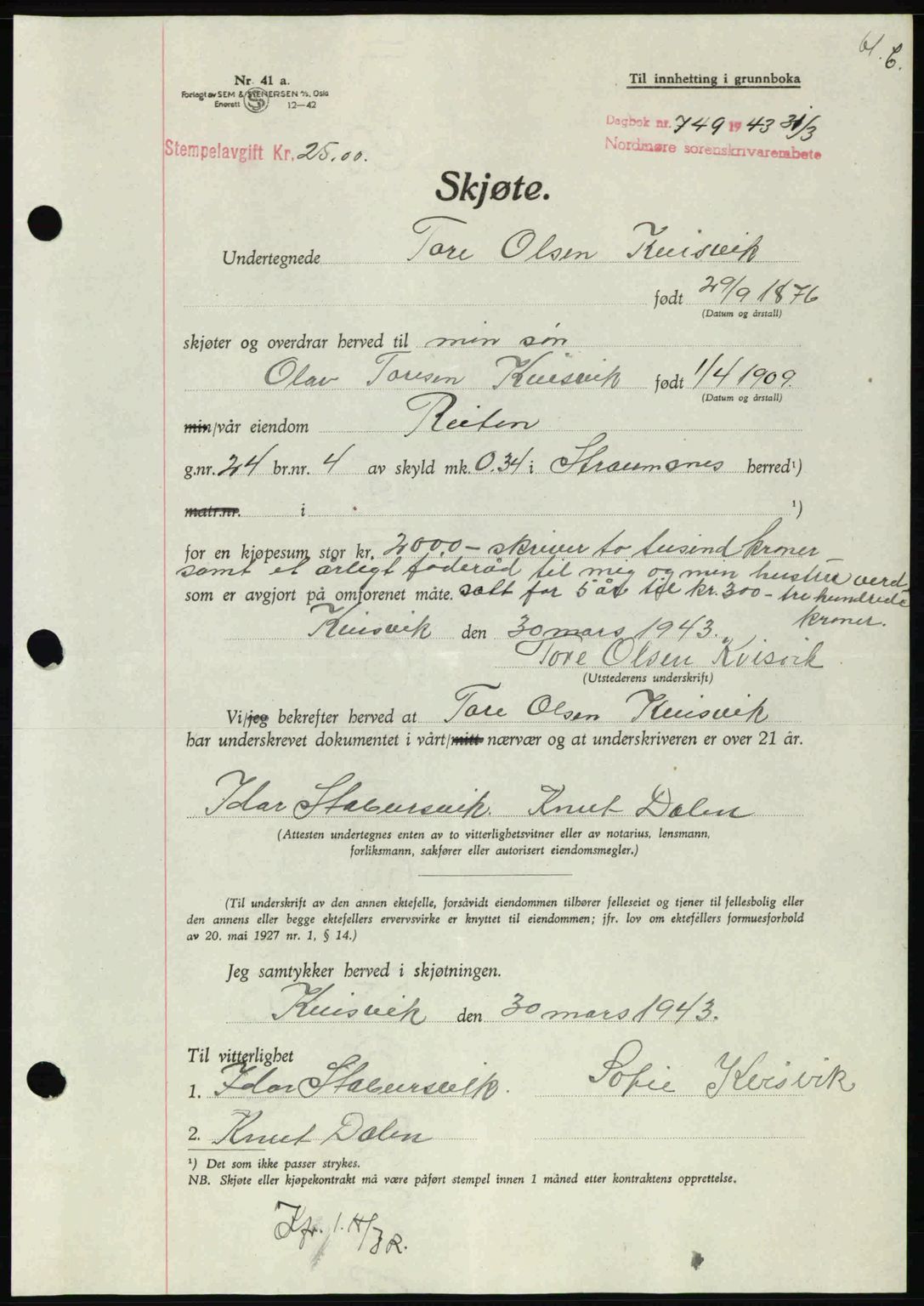 Nordmøre sorenskriveri, AV/SAT-A-4132/1/2/2Ca: Mortgage book no. A95, 1943-1943, Diary no: : 749/1943