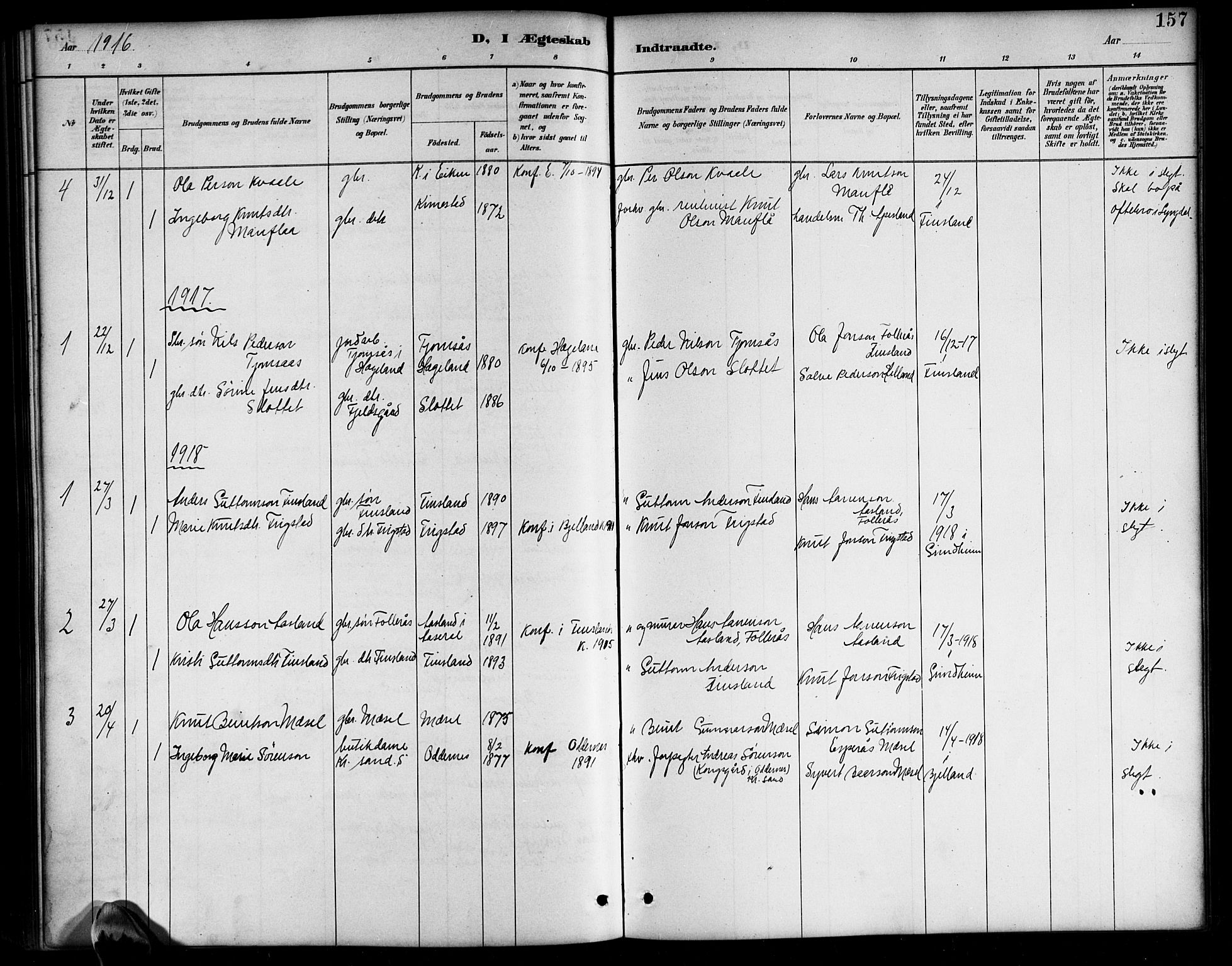 Bjelland sokneprestkontor, SAK/1111-0005/F/Fb/Fbb/L0005: Parish register (copy) no. B 5, 1887-1918, p. 157