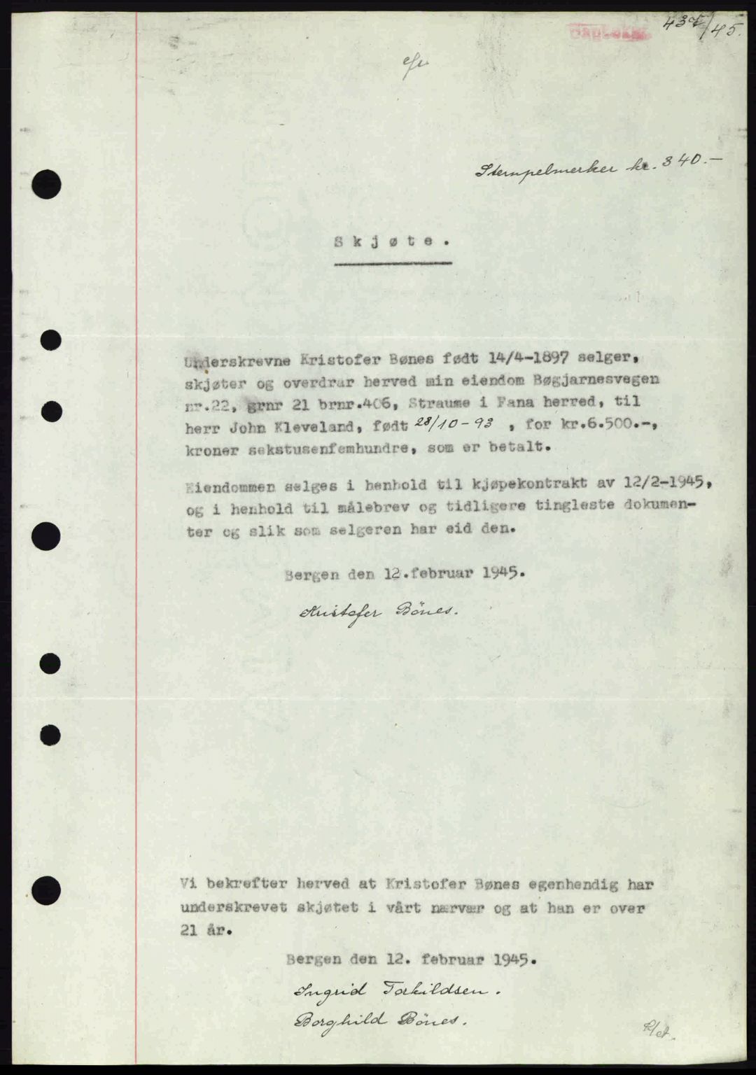 Midhordland sorenskriveri, AV/SAB-A-3001/1/G/Gb/Gbj/L0019: Mortgage book no. A37-38, 1944-1945, Diary no: : 437/1945