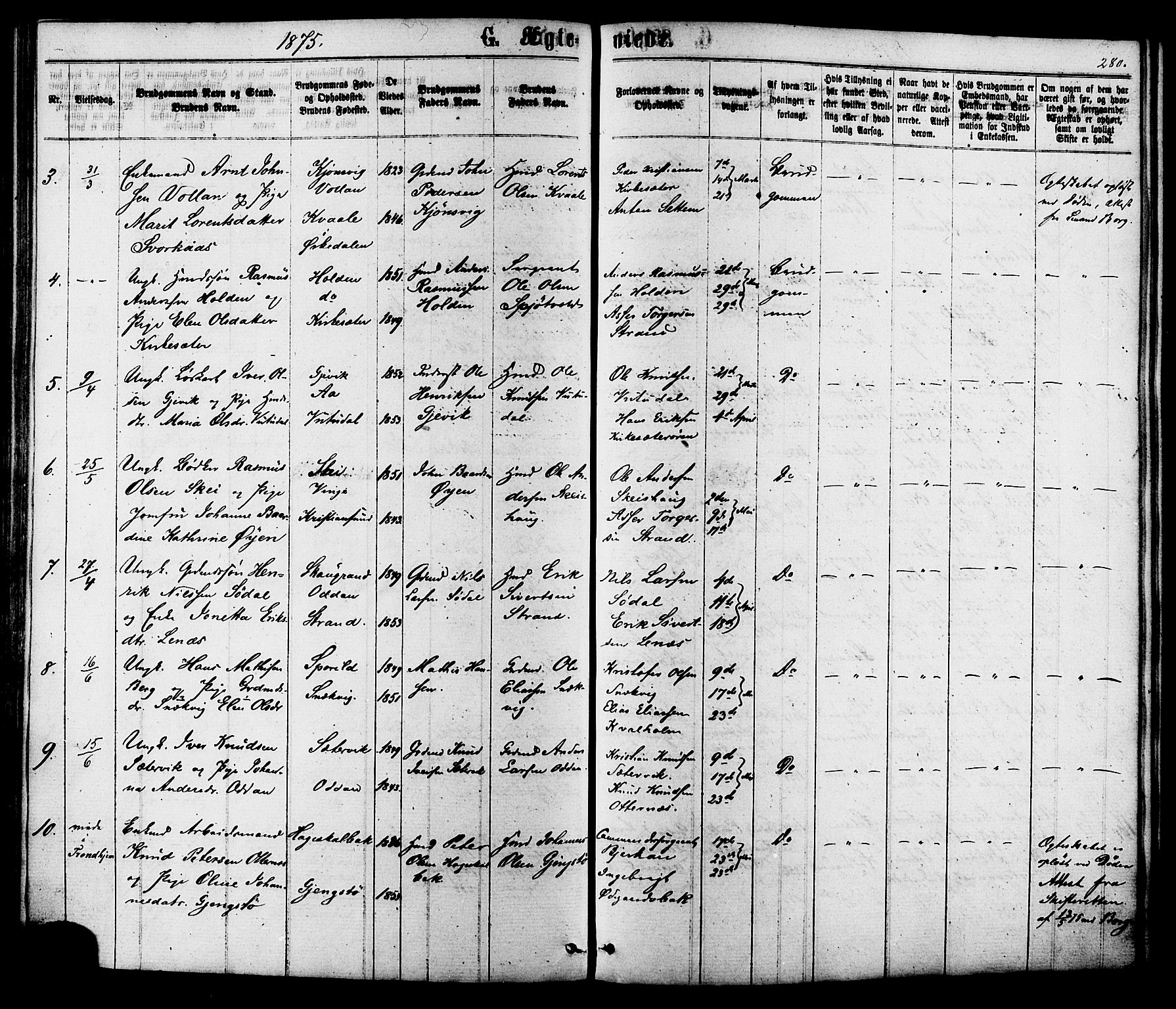 Ministerialprotokoller, klokkerbøker og fødselsregistre - Sør-Trøndelag, SAT/A-1456/630/L0495: Parish register (official) no. 630A08, 1868-1878, p. 280