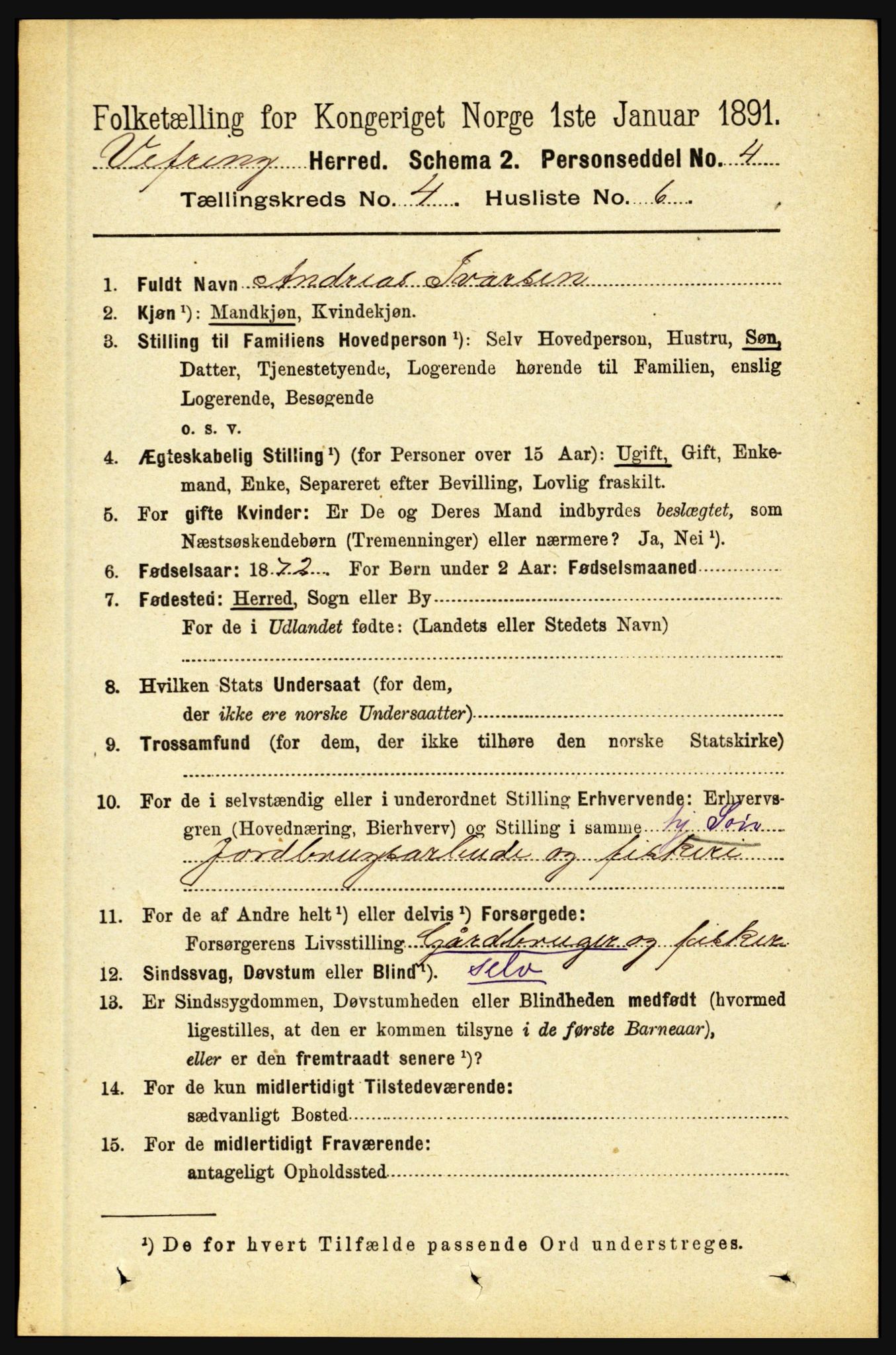 RA, 1891 census for 1434 Vevring, 1891, p. 1226