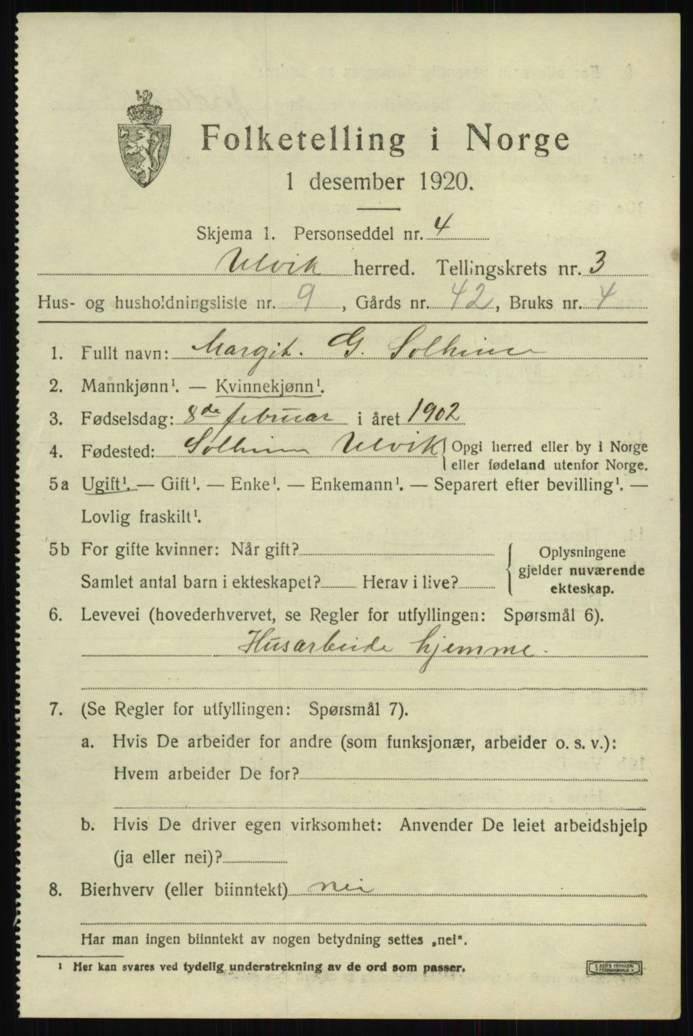 SAB, 1920 census for Ulvik, 1920, p. 90
