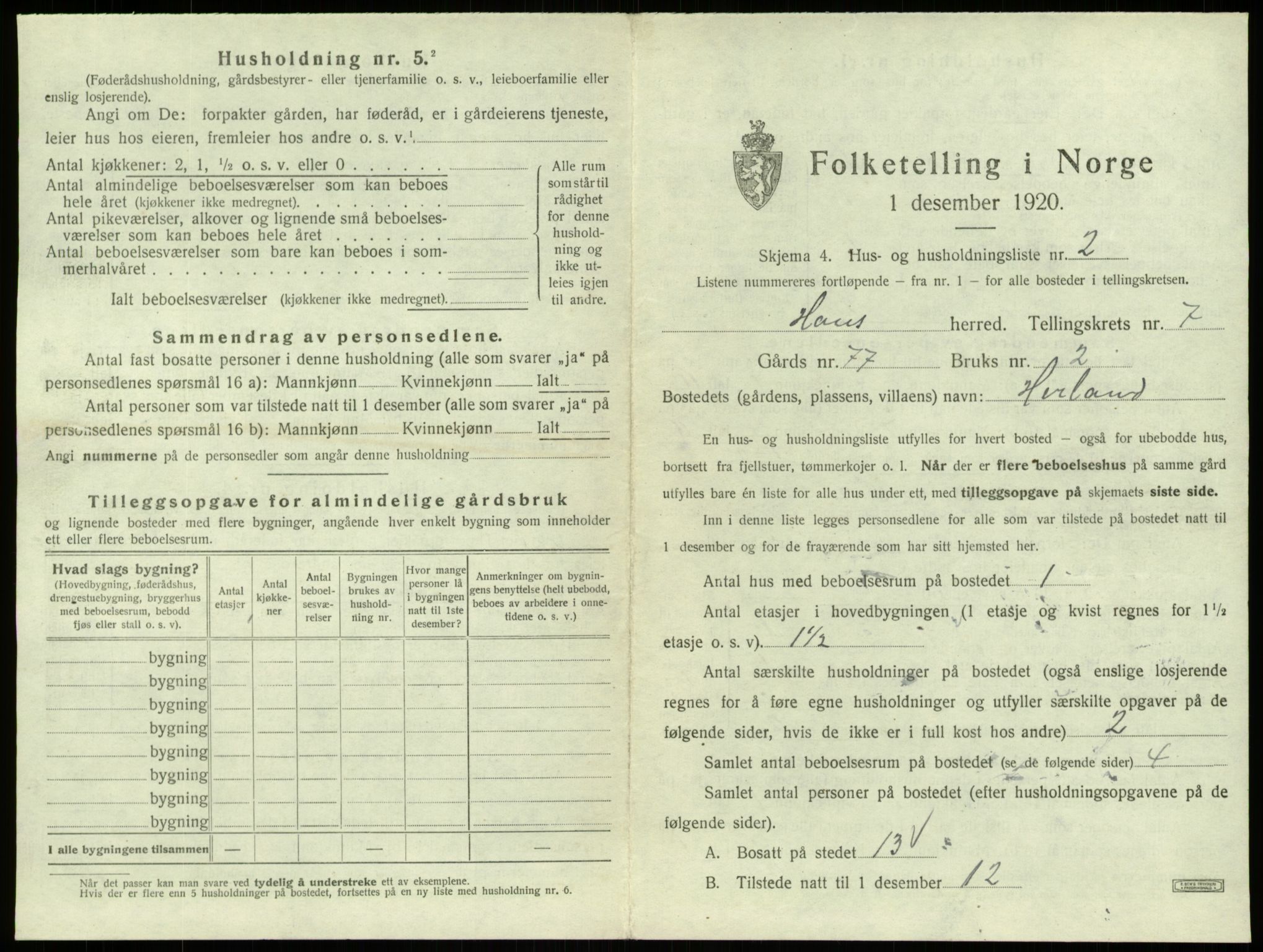 SAB, 1920 census for Haus, 1920, p. 423