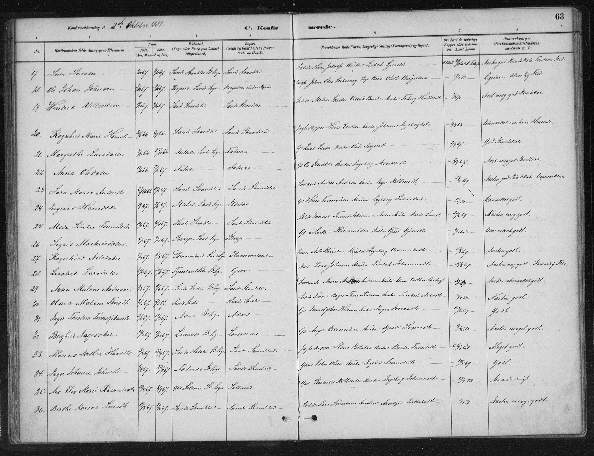 Sand sokneprestkontor, AV/SAST-A-101848/01/III/L0005: Parish register (official) no. A 5, 1880-1898, p. 63