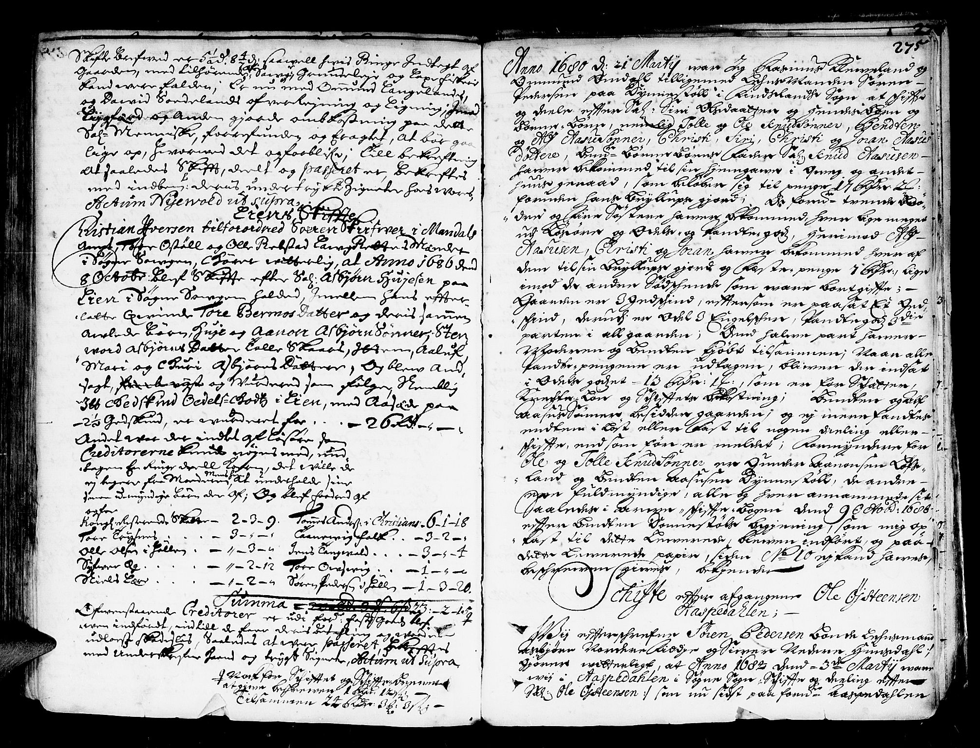 Mandal sorenskriveri, SAK/1221-0005/001/H/Hc/L0002: Skifteprotokoll nr 2 med register, 1677-1689, p. 274b-275a
