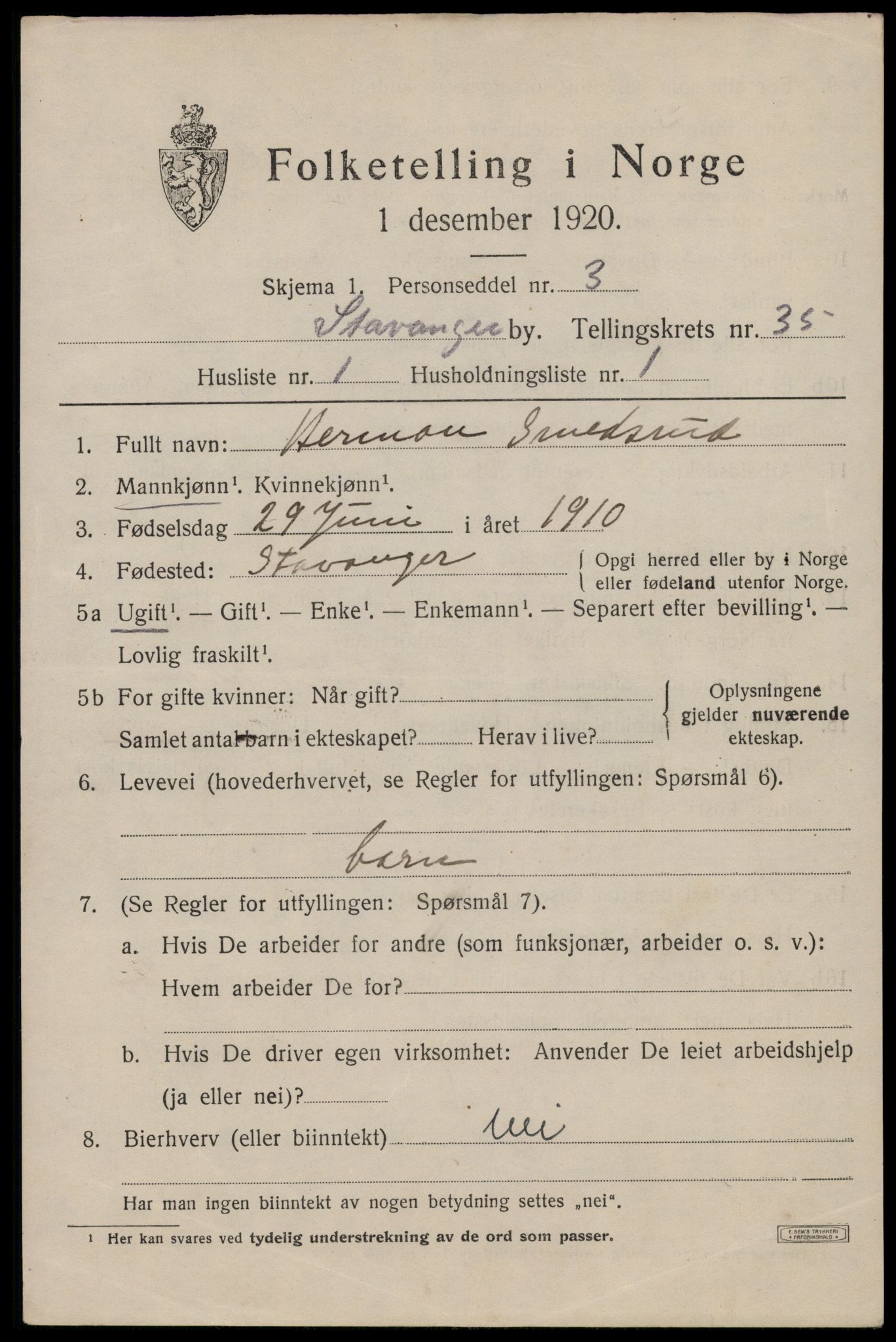 SAST, 1920 census for Stavanger, 1920, p. 93968