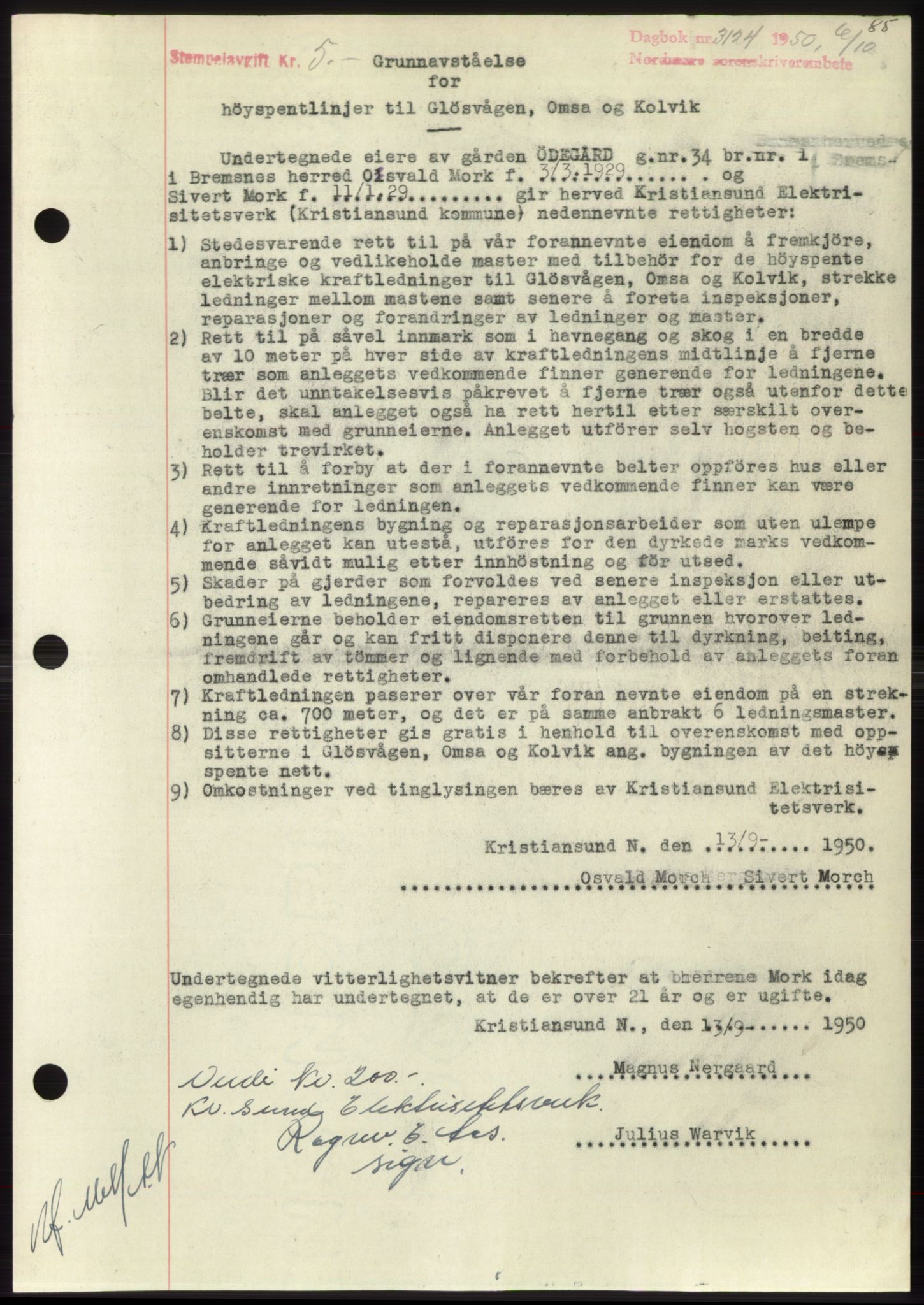 Nordmøre sorenskriveri, AV/SAT-A-4132/1/2/2Ca: Mortgage book no. B106, 1950-1950, Diary no: : 3124/1950