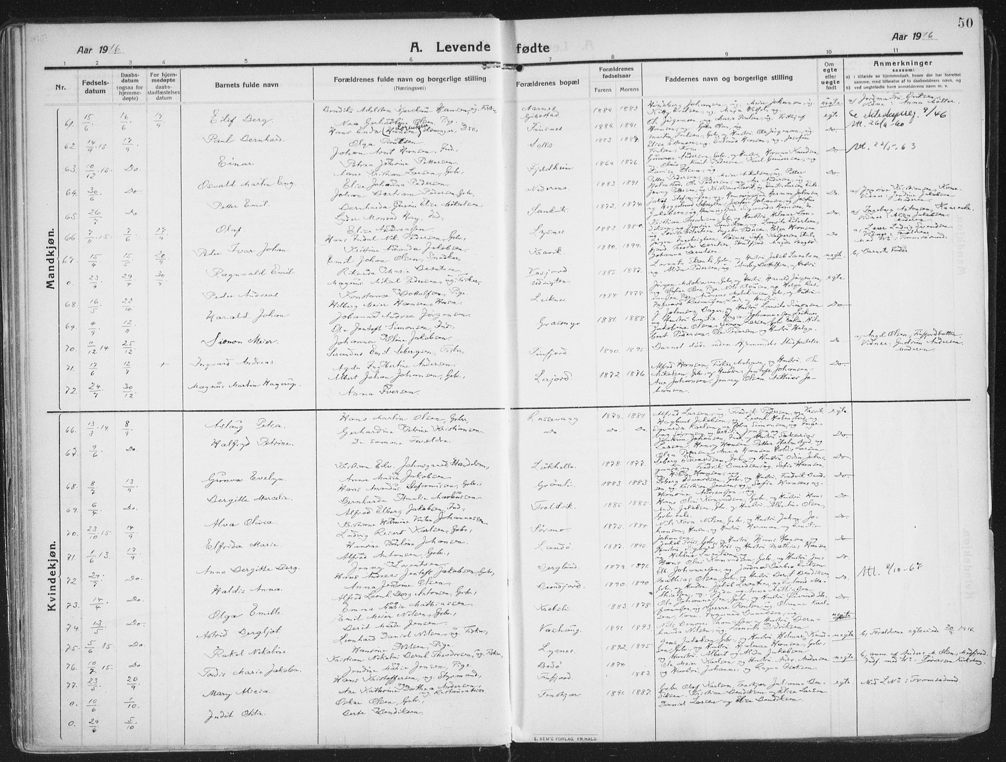 Lenvik sokneprestembete, AV/SATØ-S-1310/H/Ha/Haa/L0016kirke: Parish register (official) no. 16, 1910-1924, p. 50