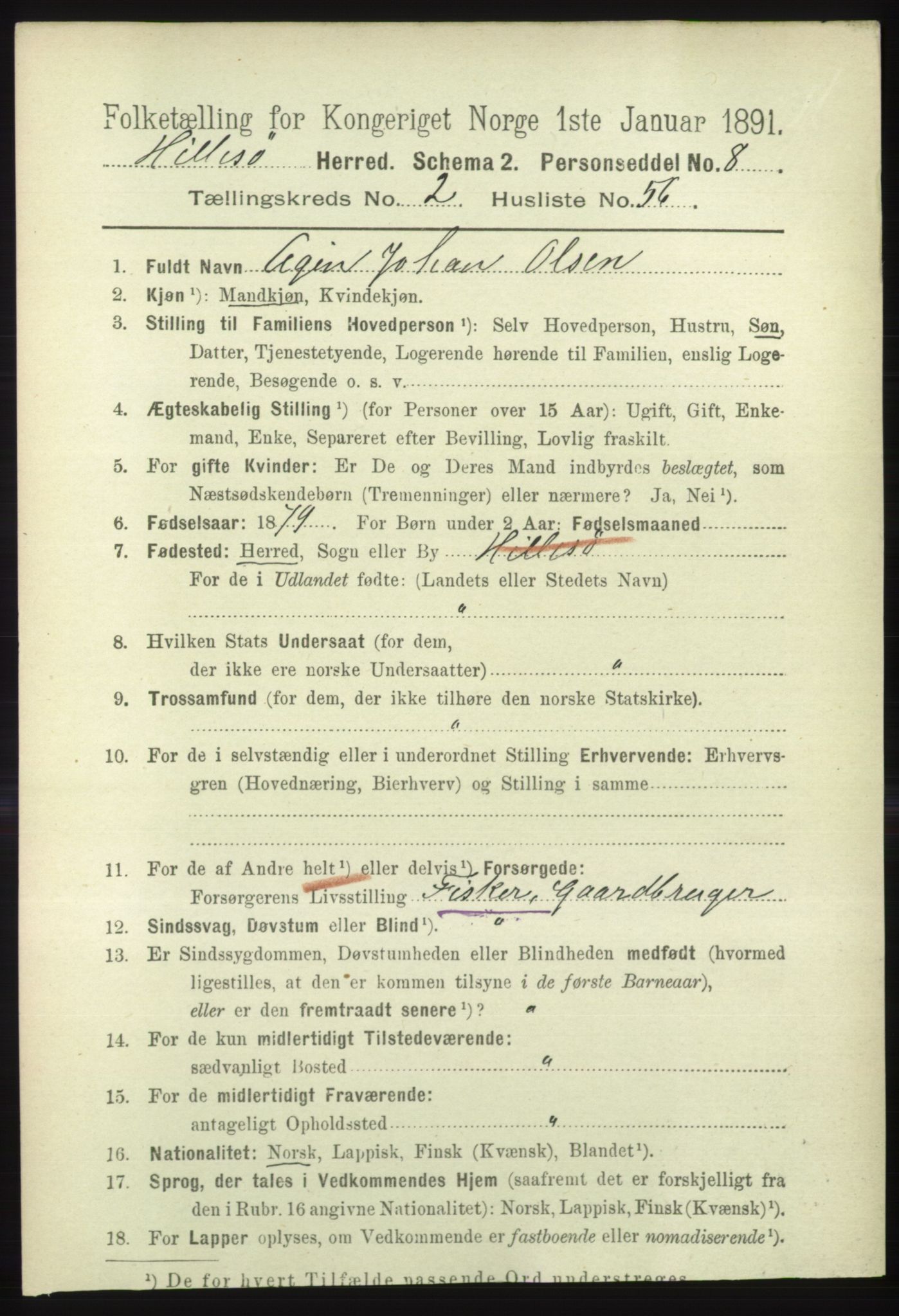 RA, 1891 census for 1930 Hillesøy, 1891, p. 1003