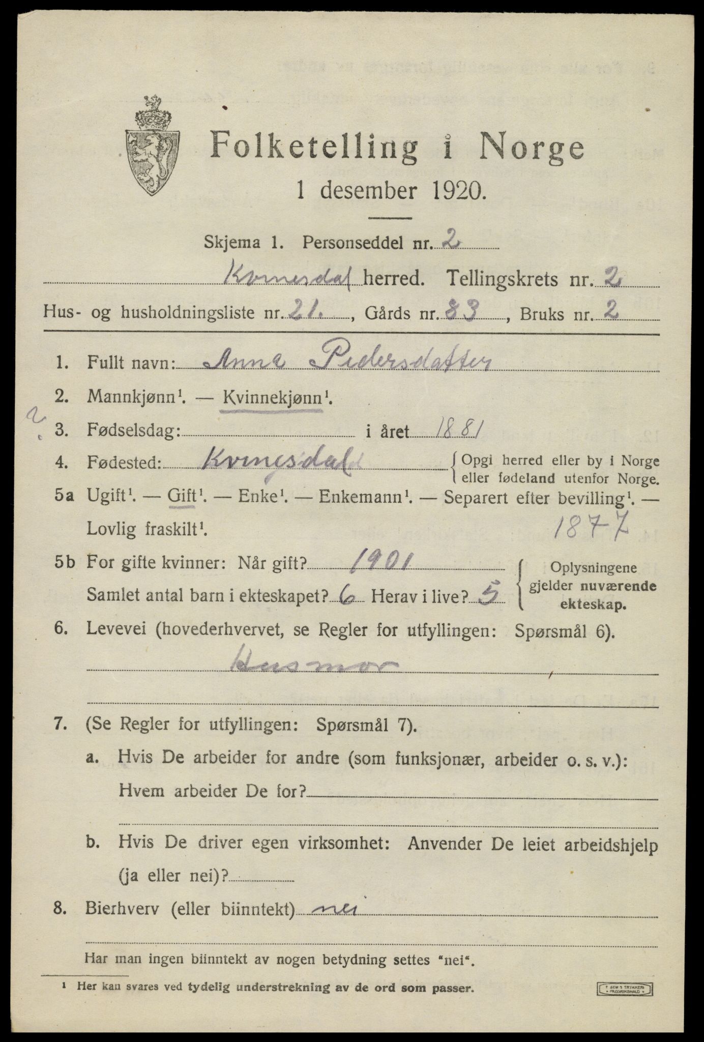 SAK, 1920 census for Kvinesdal, 1920, p. 2105