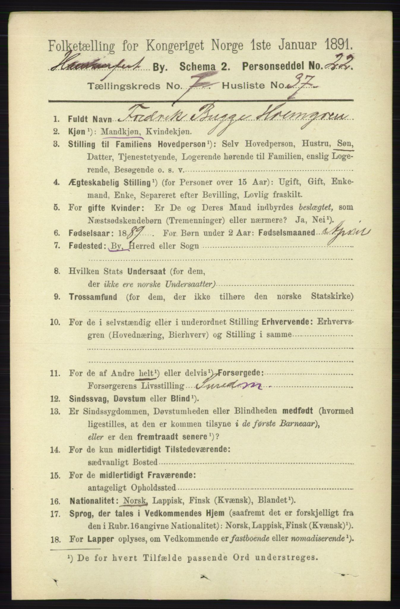 RA, 1891 census for 2001 Hammerfest, 1891, p. 2771