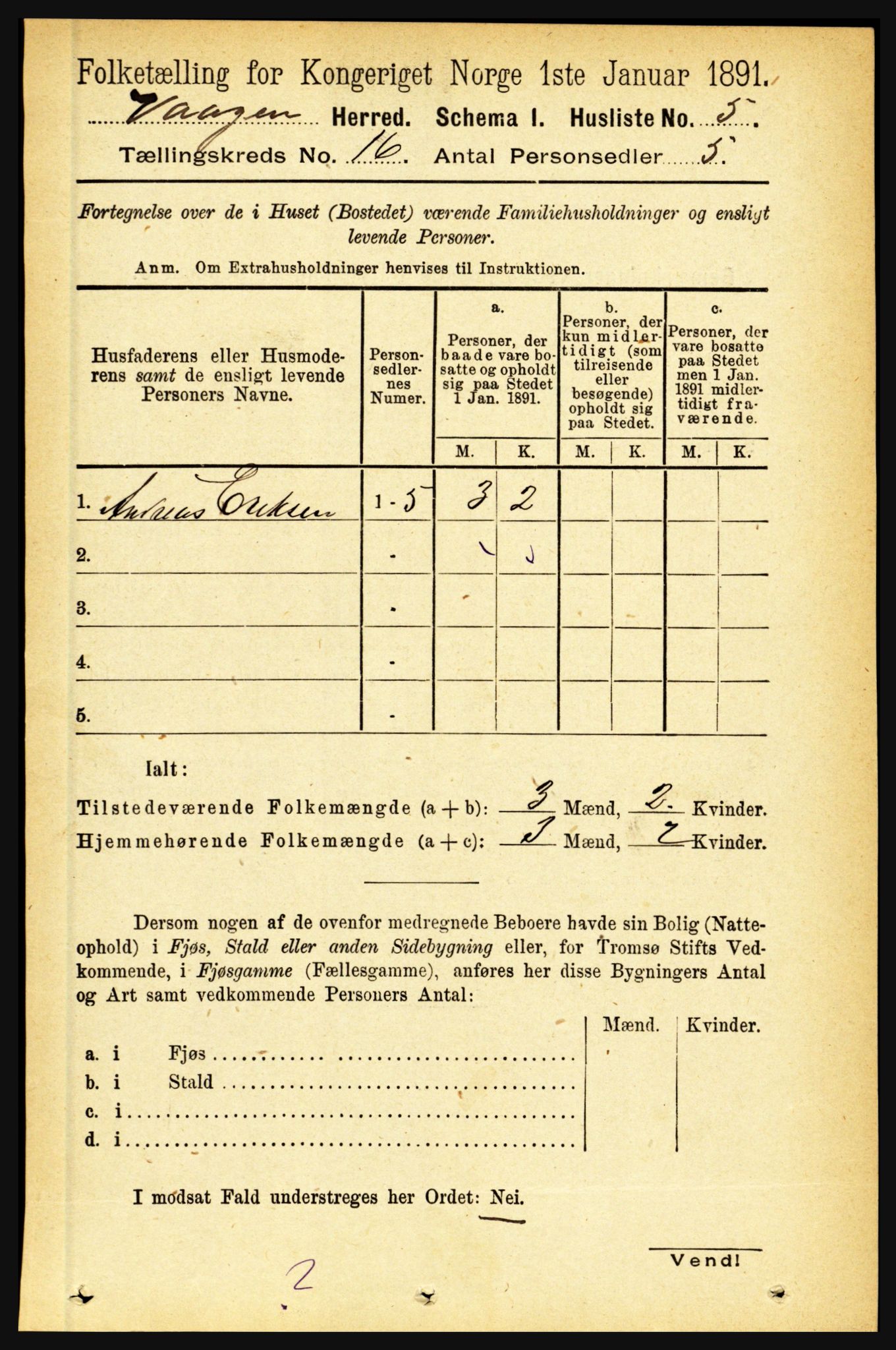 RA, 1891 census for 1865 Vågan, 1891, p. 4520