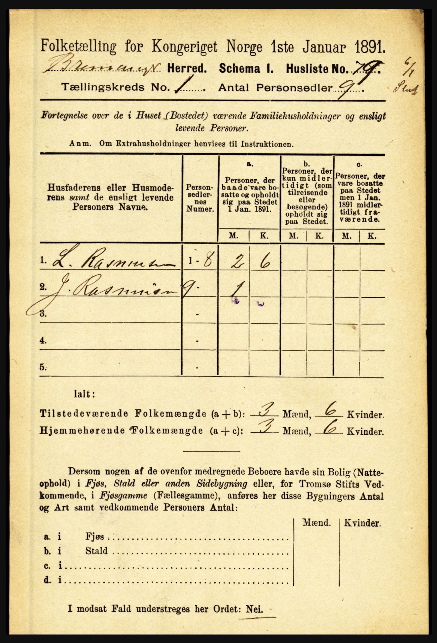 RA, 1891 census for 1438 Bremanger, 1891, p. 96