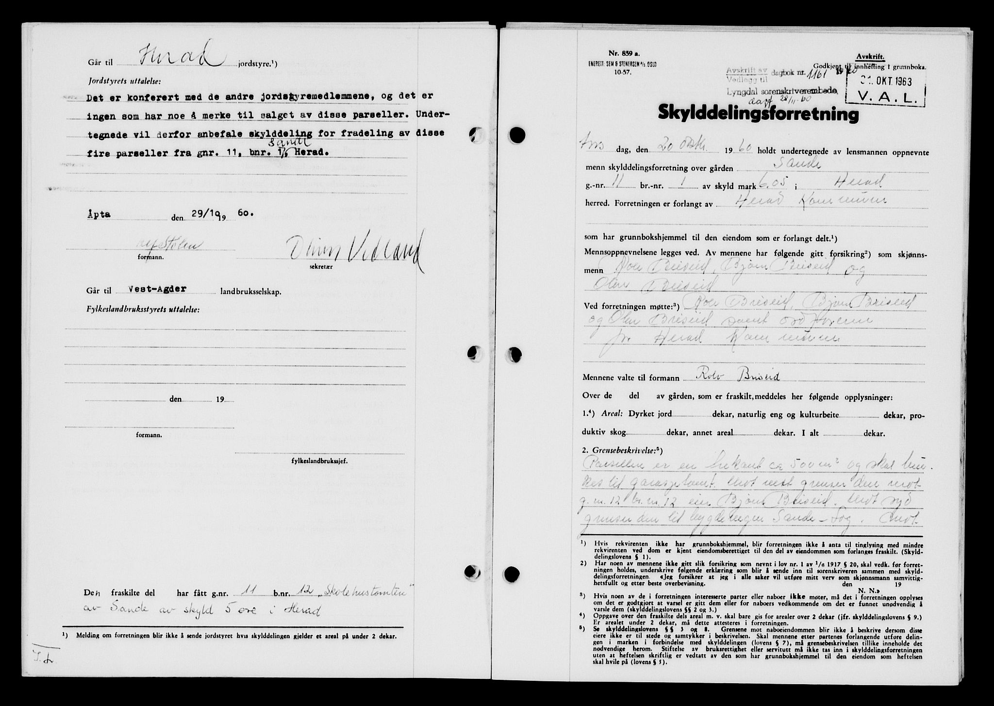 Lyngdal sorenskriveri, AV/SAK-1221-0004/G/Gb/L0680: Mortgage book no. A XXVI, 1960-1960, Diary no: : 1161/1960